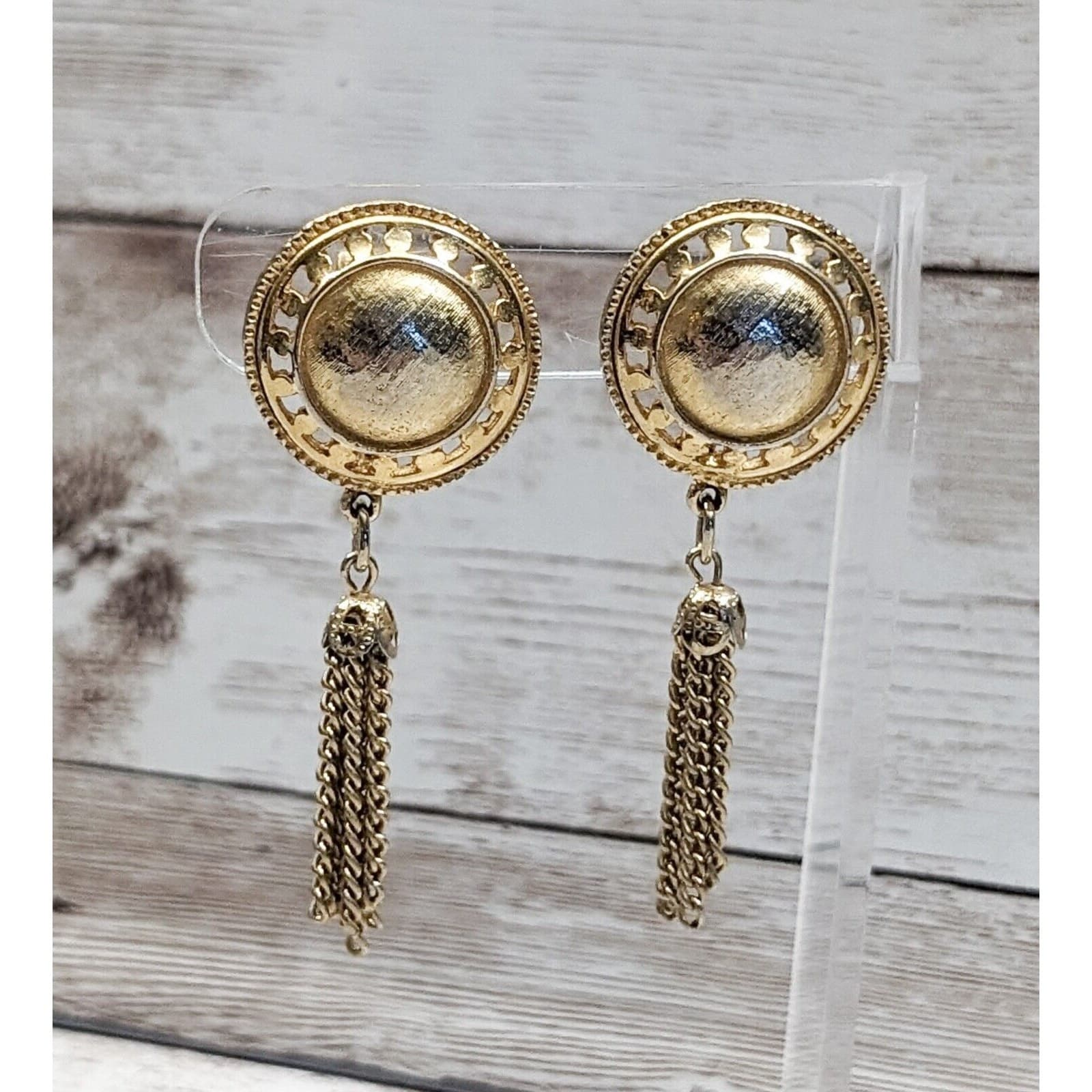 Vintage Clip On Earrings - Statement Gold Tone with Chain Dangle 2.5" Long