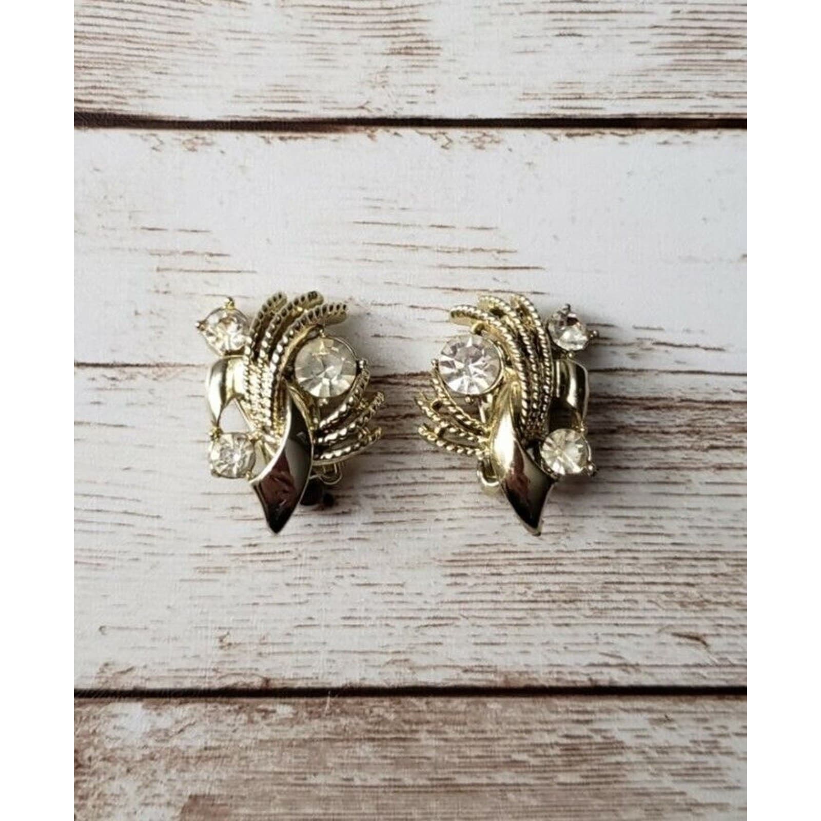 Vintage Coro Clip On Earrings Gold Tone with 3 Clear Gems