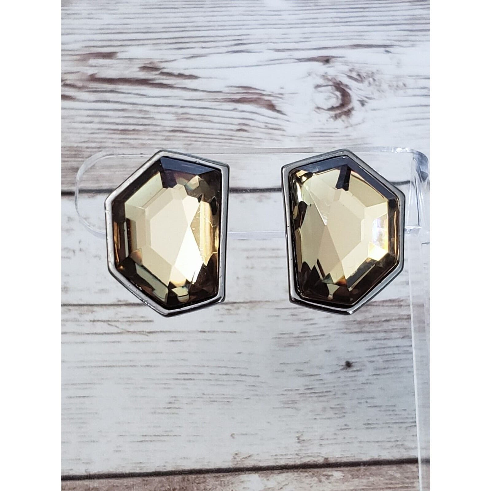 Vintage Clip On Earrings Unusual Shape Smokey Green Faceted Gem