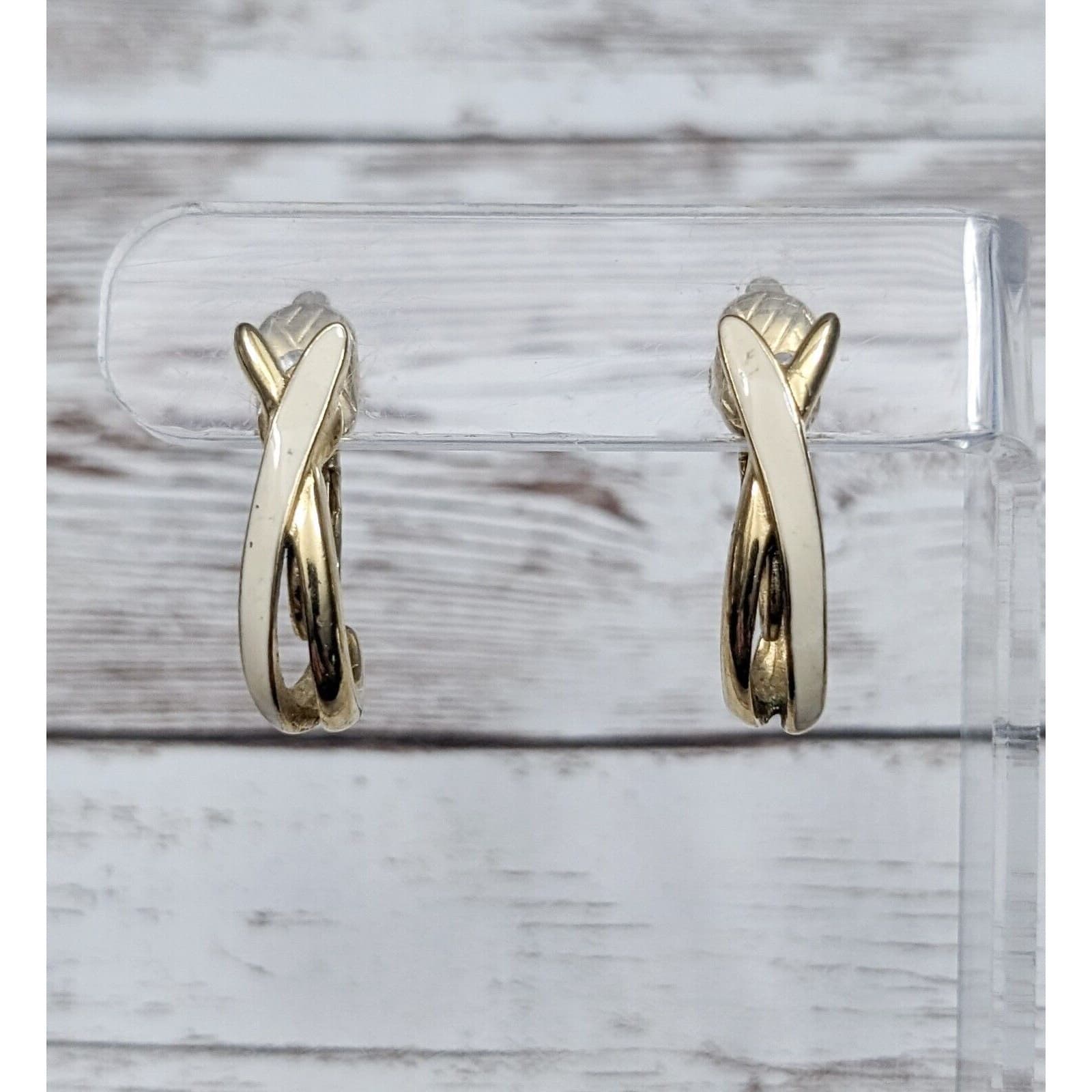 Vintage Clip On Earrings - 1" Gold Tone & Cream Cross Over