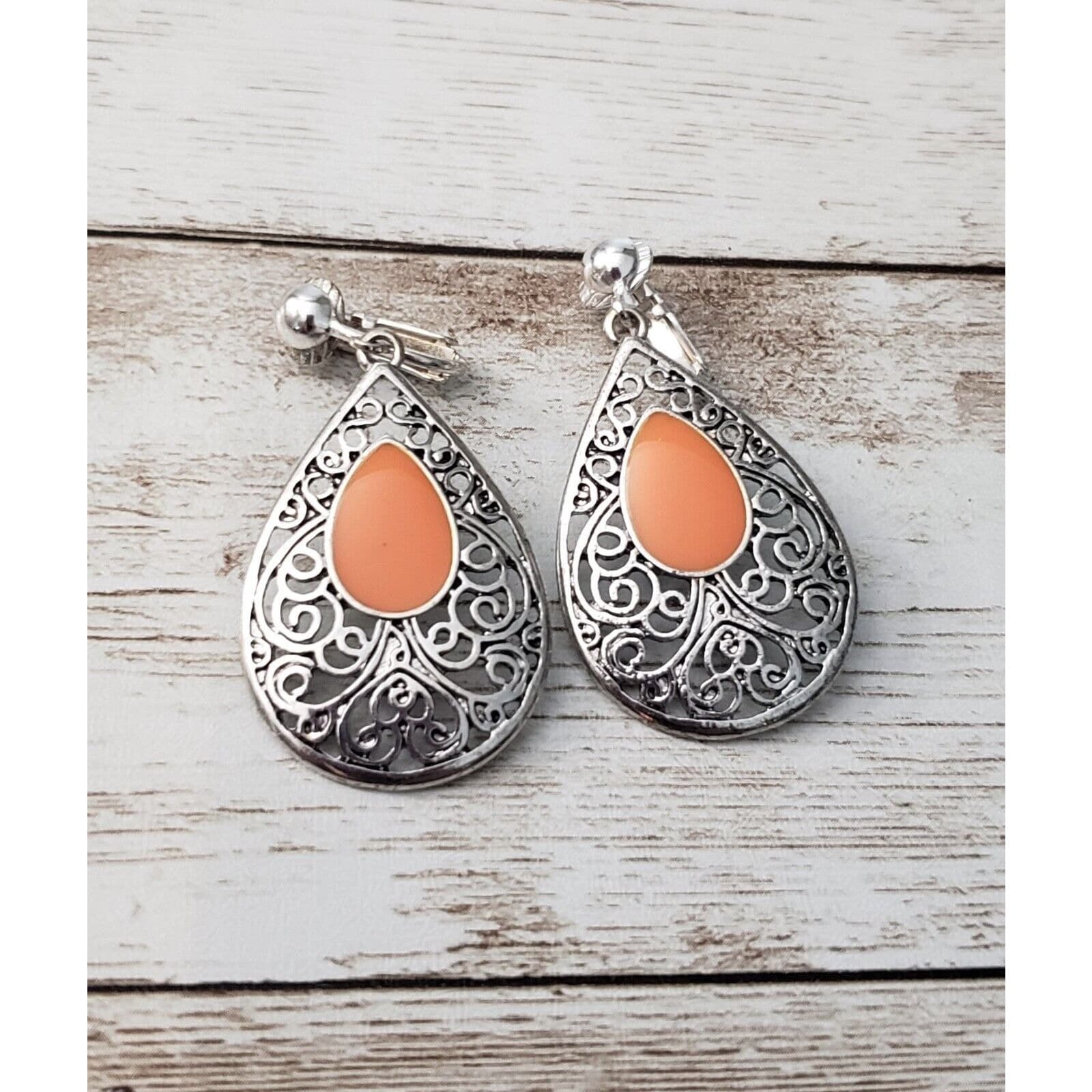 Vintage Clip On Earrings Silver Tone & Orange Ornate Teardrop Shape Dangle