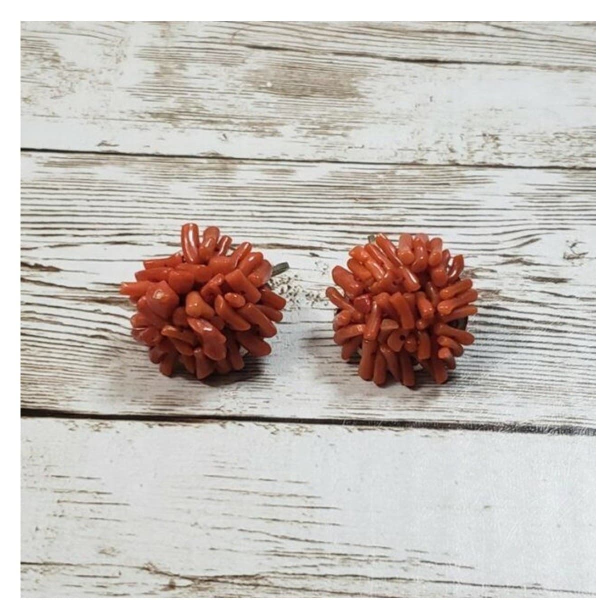 Vintage Screw On Earrings Orangey Red Spikey Beads