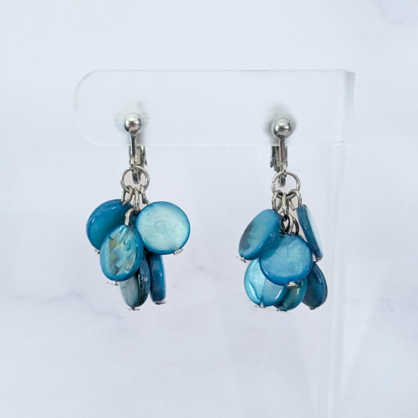 Vintage Clip On Earrings Blue Disk Dangle Statement