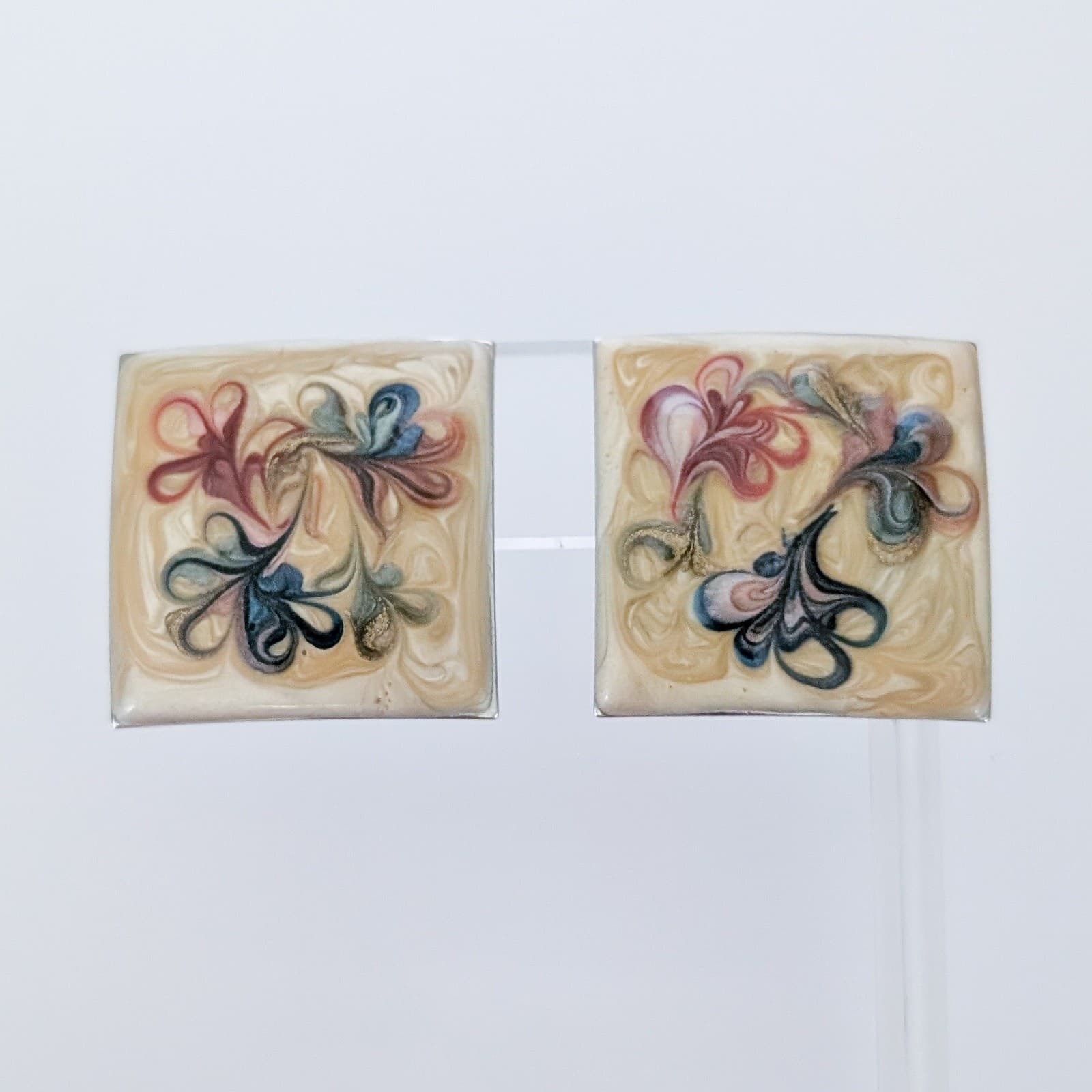 Vintage Clip On Earrings Enamel Large Square - Beige, Red, Blue, Green