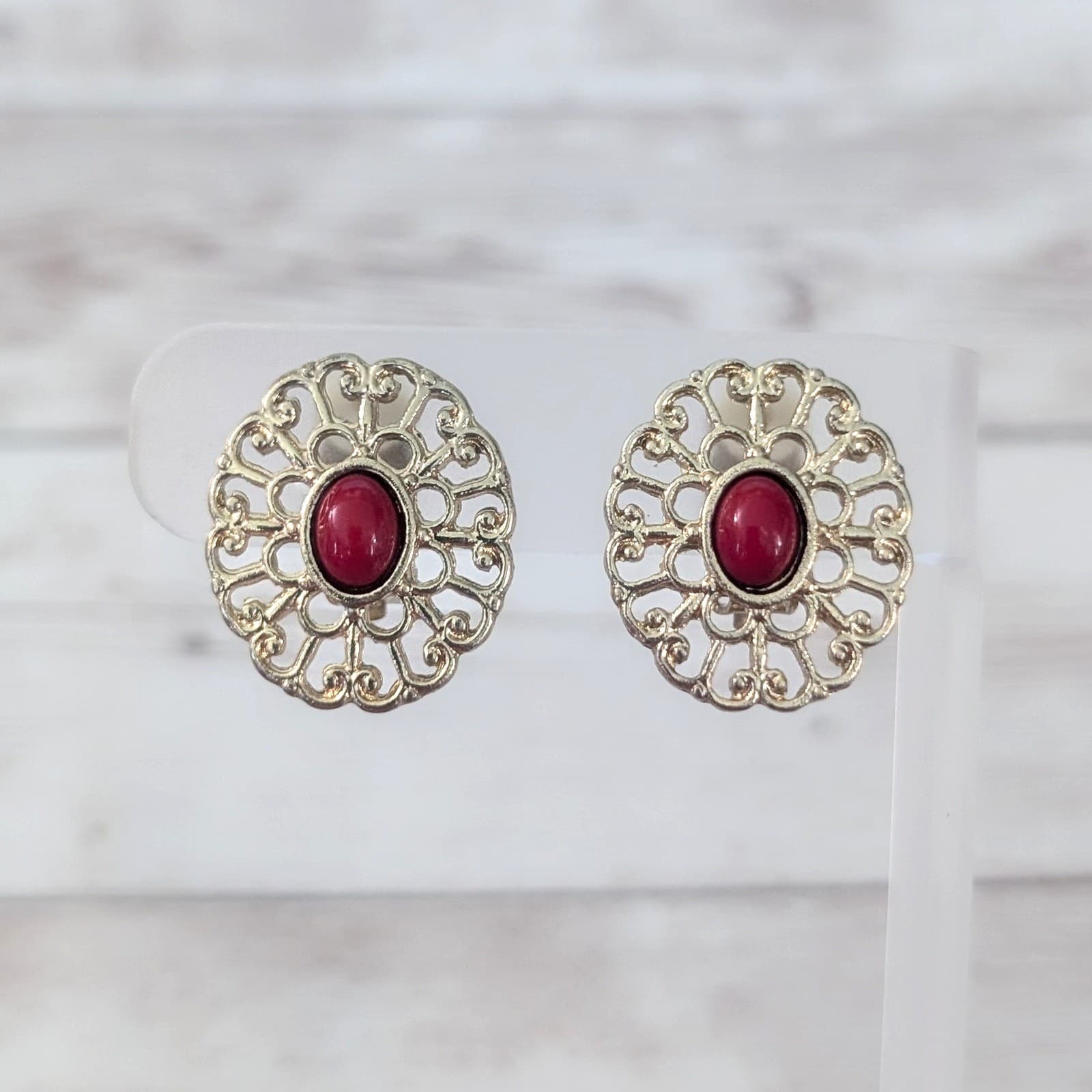Vintage Clip On Earrings Large Ornate Gold Tone with Red Center Statement