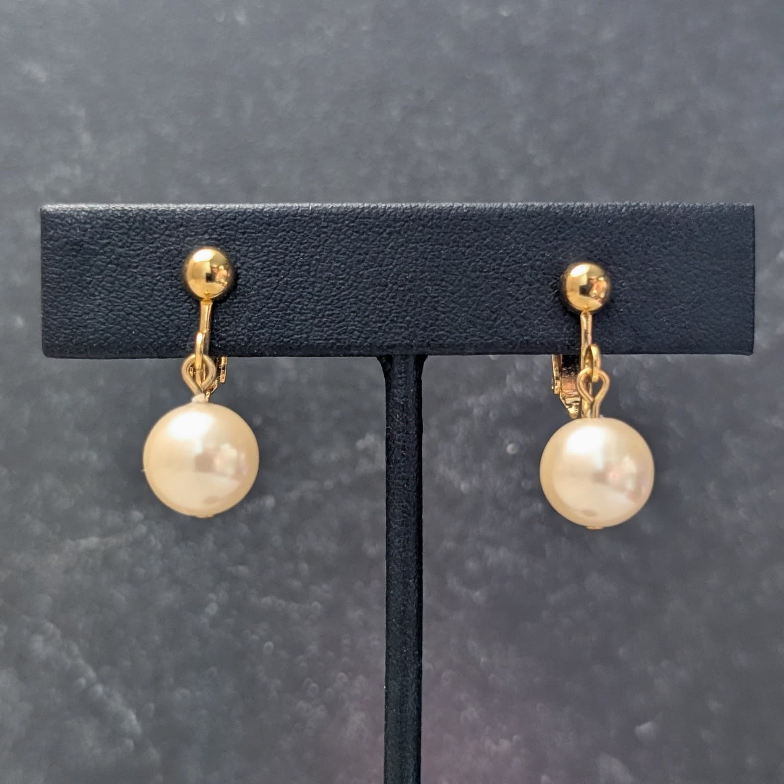 Vintage Clip On Earrings Stylish Glam Faux Pearl and Gold Tone Dangle Drop