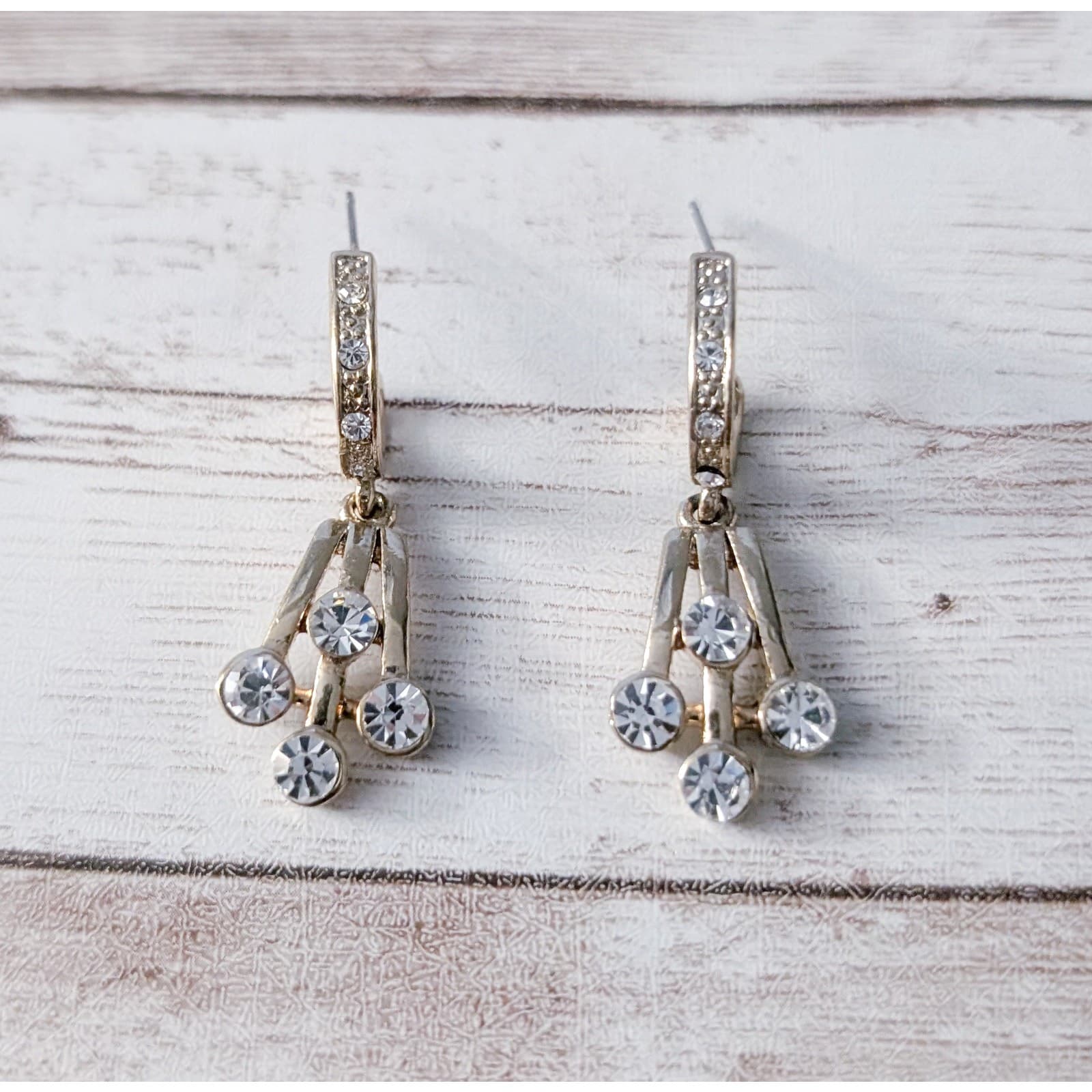 Vintage Earrings for Pierced Ears Long Gold Tone & Clear Gem Dangle