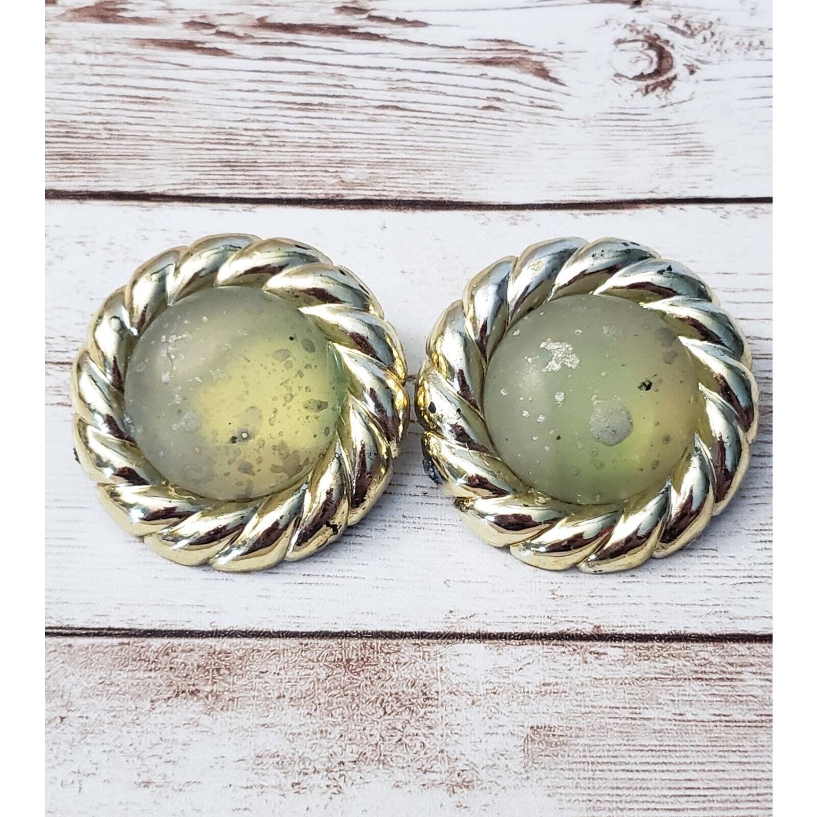 Vintage Clip On Earrings - 1 & 5/8" Speckled Green & Gold Tone Large Statement