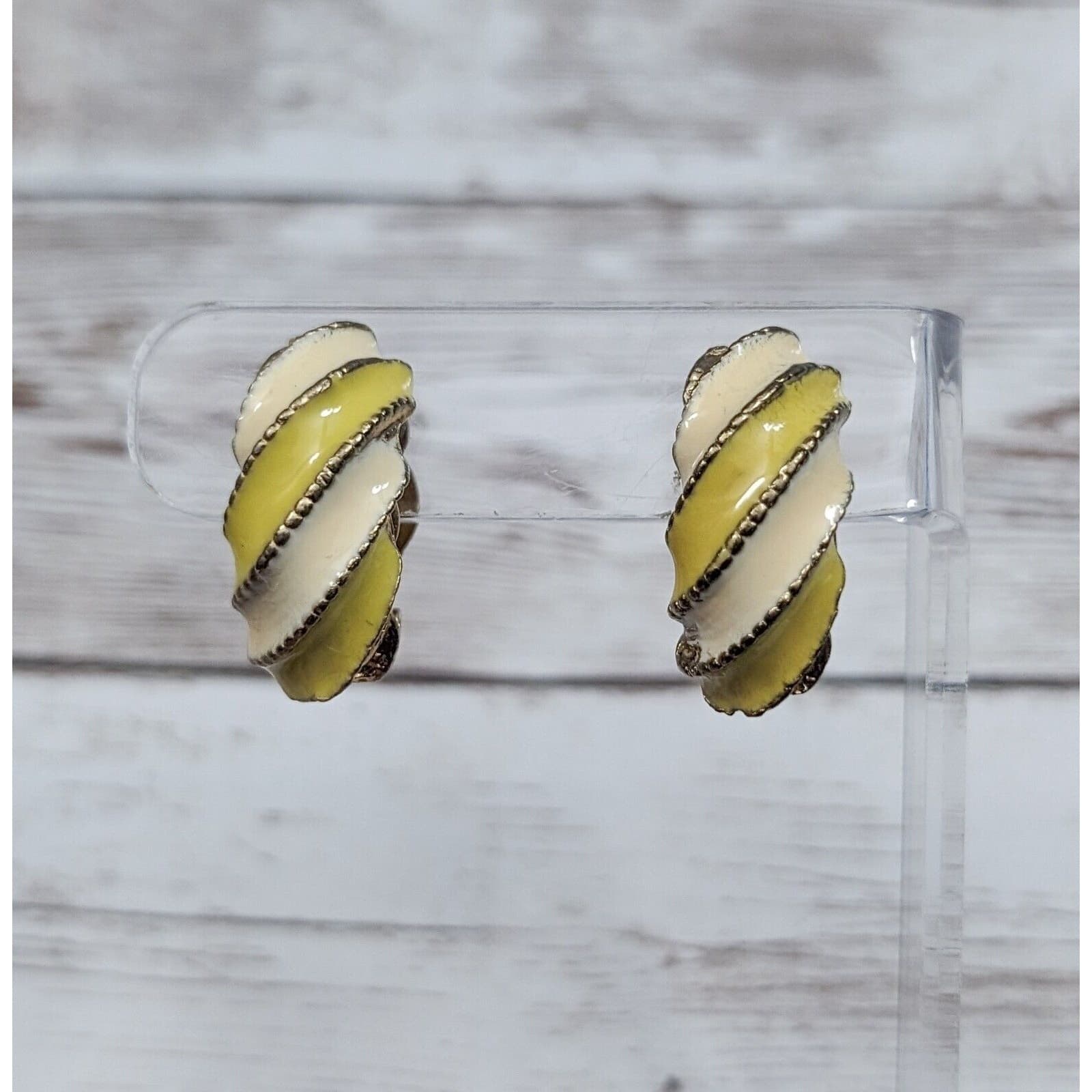 Vintage Clip On Earrings - 1" Half Hoop Yellow & Cream