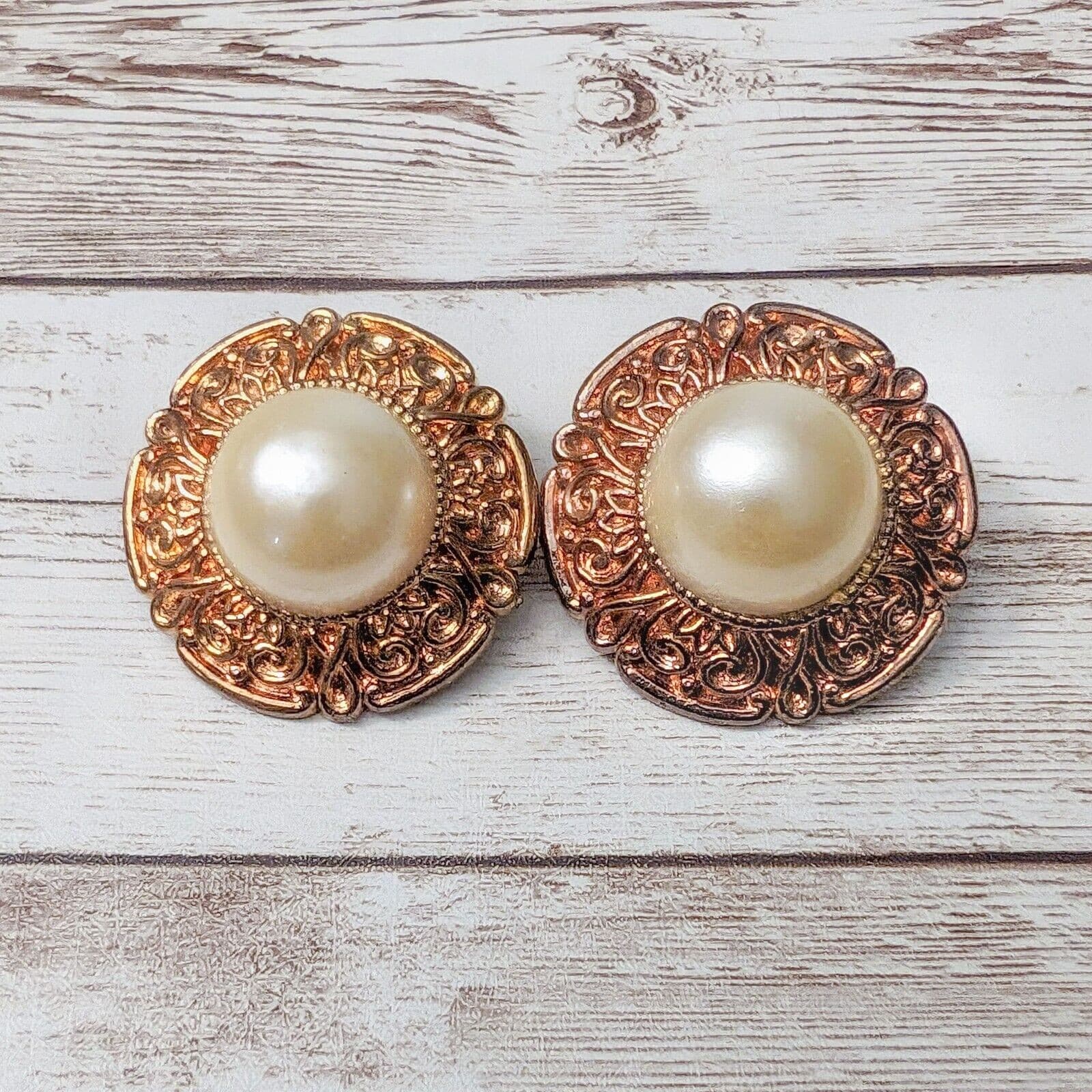 Vintage Clip On Earrings - 1.5" Large Statement Copper Tone with Faux Pearl