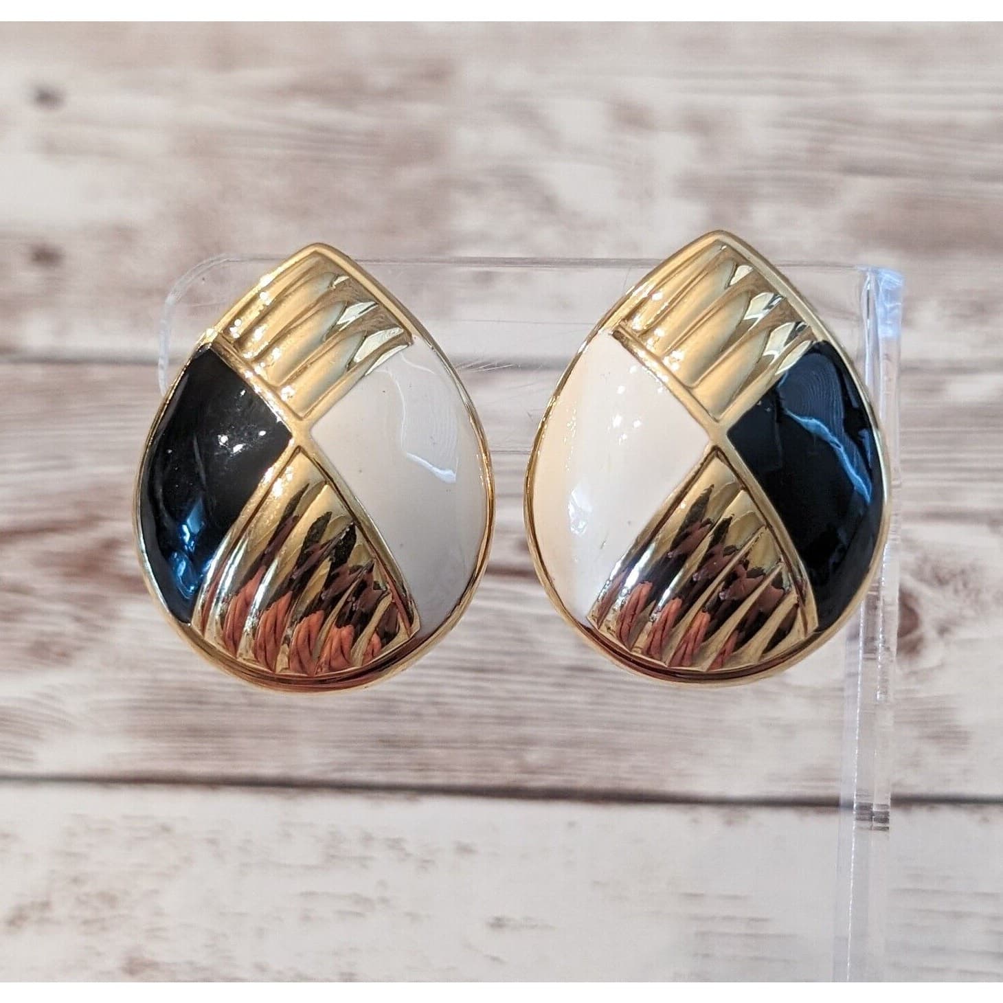 Vintage Clip On Earrings - Statement Gold Tone, Black, White Large Earrings