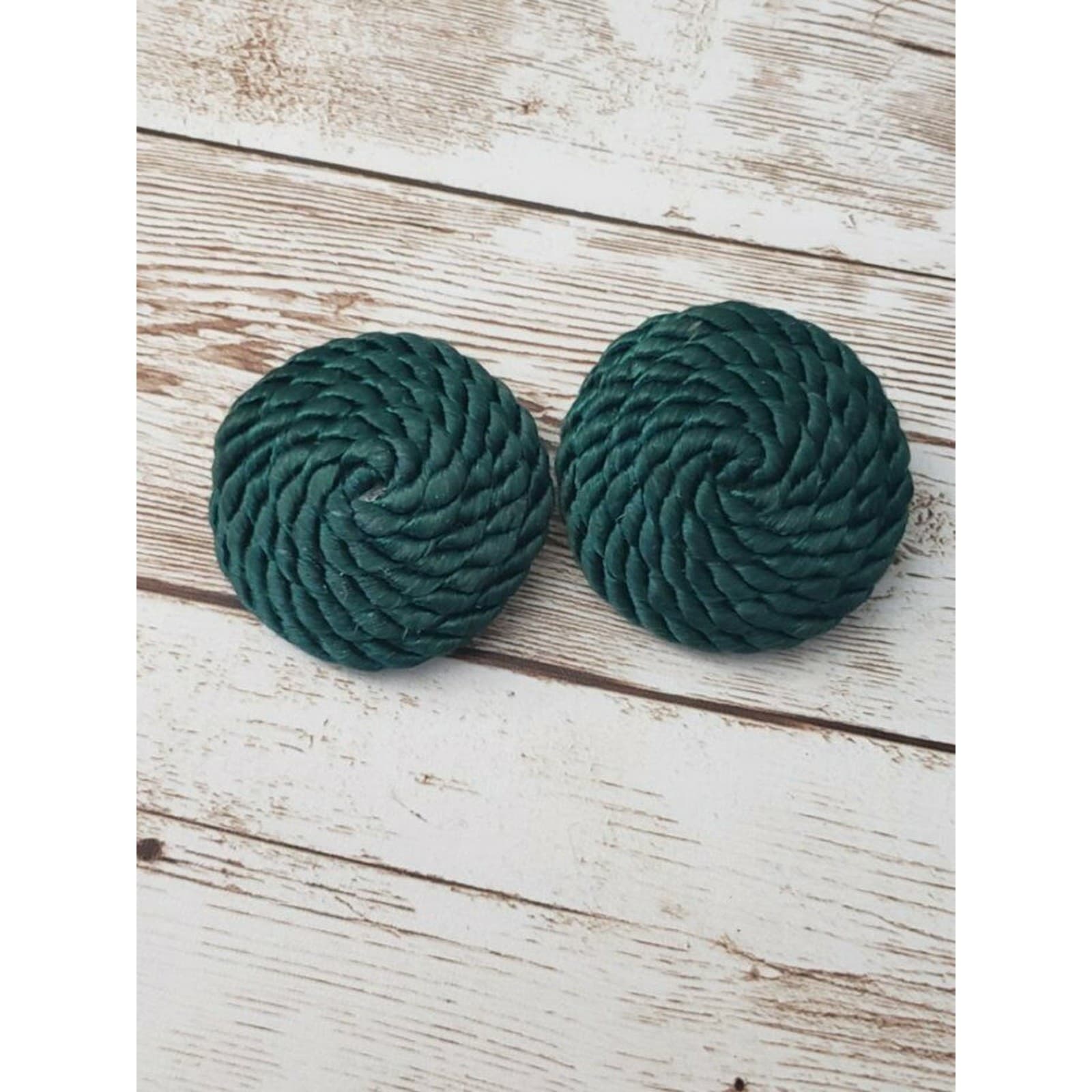 Vintage Clip On Earrings Dark Green Wrapped Circle 1.5" Statement