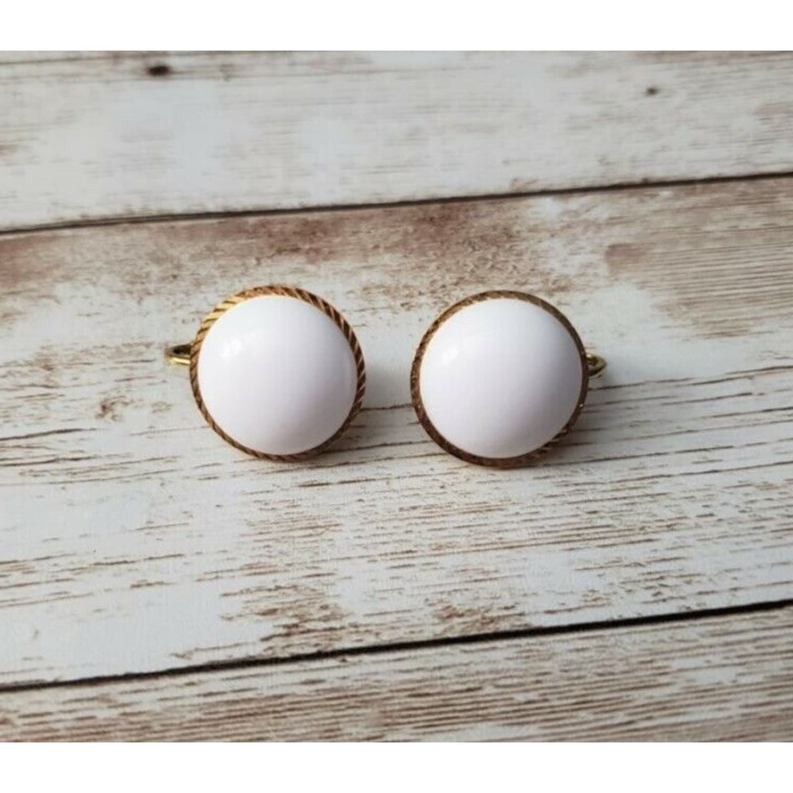 Vintage Clip On Earrings - White Circle with Thin Gold Tone Halo