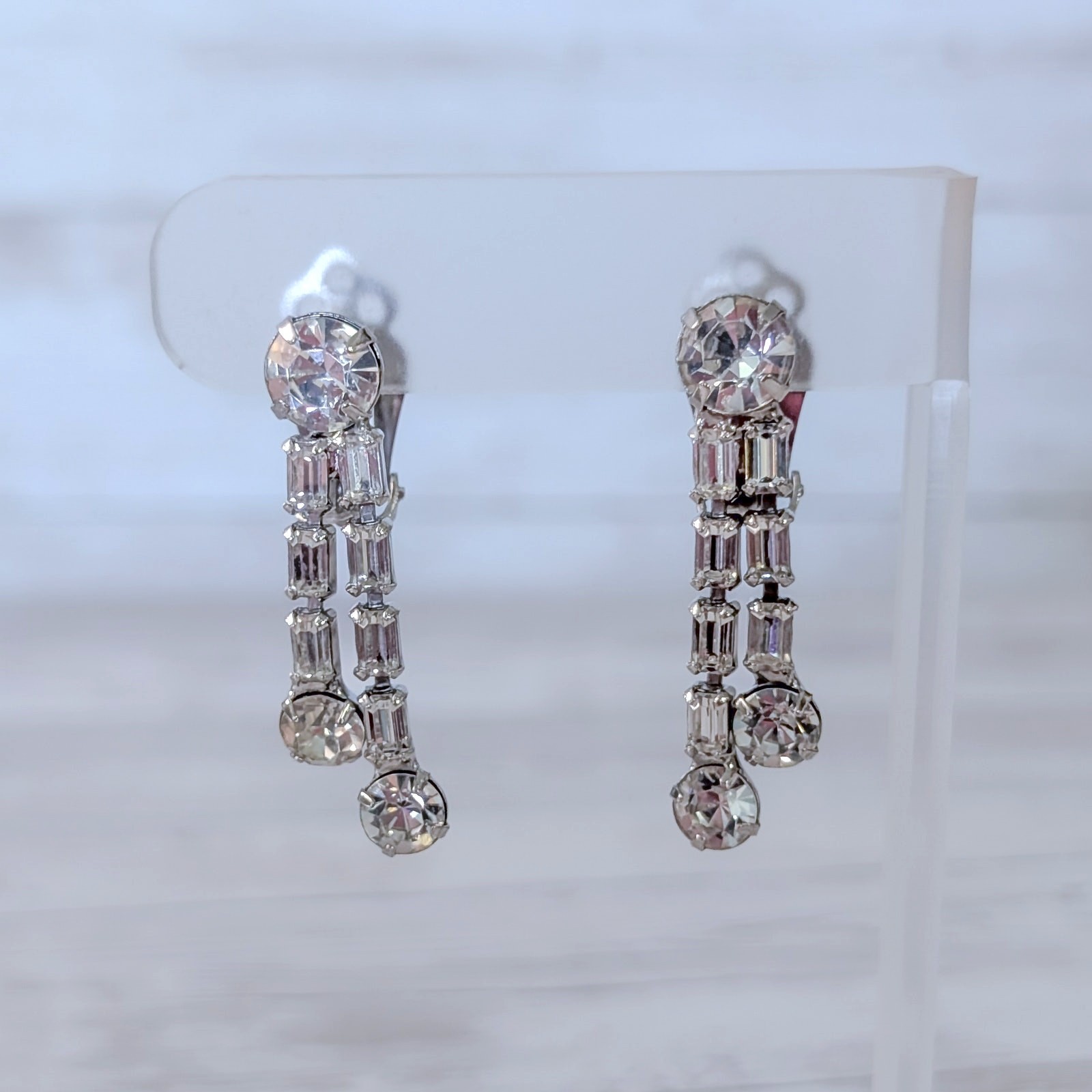 Vintage Clip On Earrings Clear Gem Dangle 1.5" Stylish