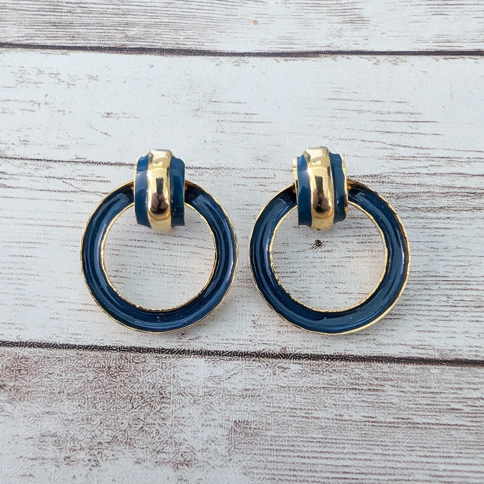 Vintage Earrings for Pierced Ears Blue & Gold Tone Circle Dangle