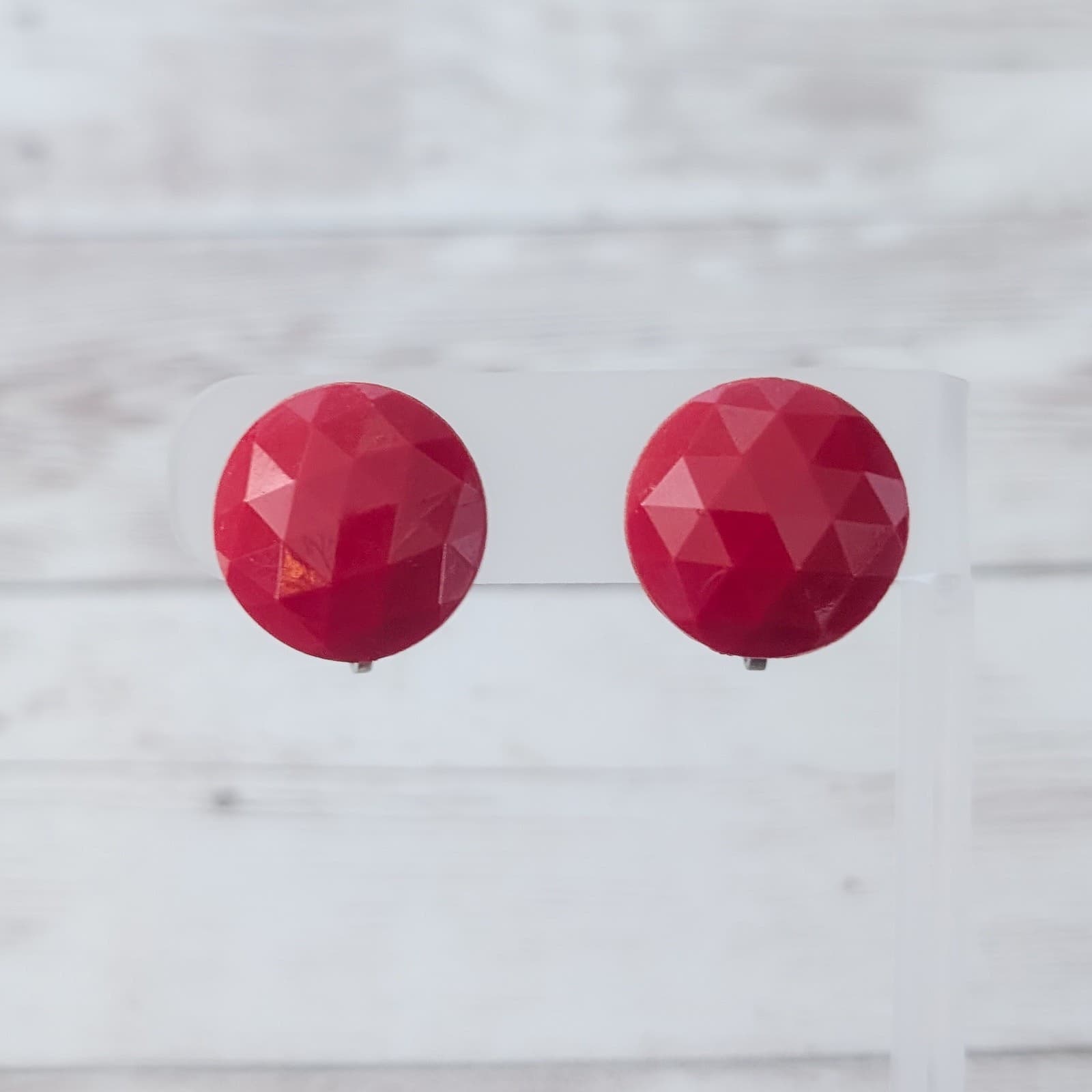 Vintage Screw On Earrings Faceted Red Domed Circle