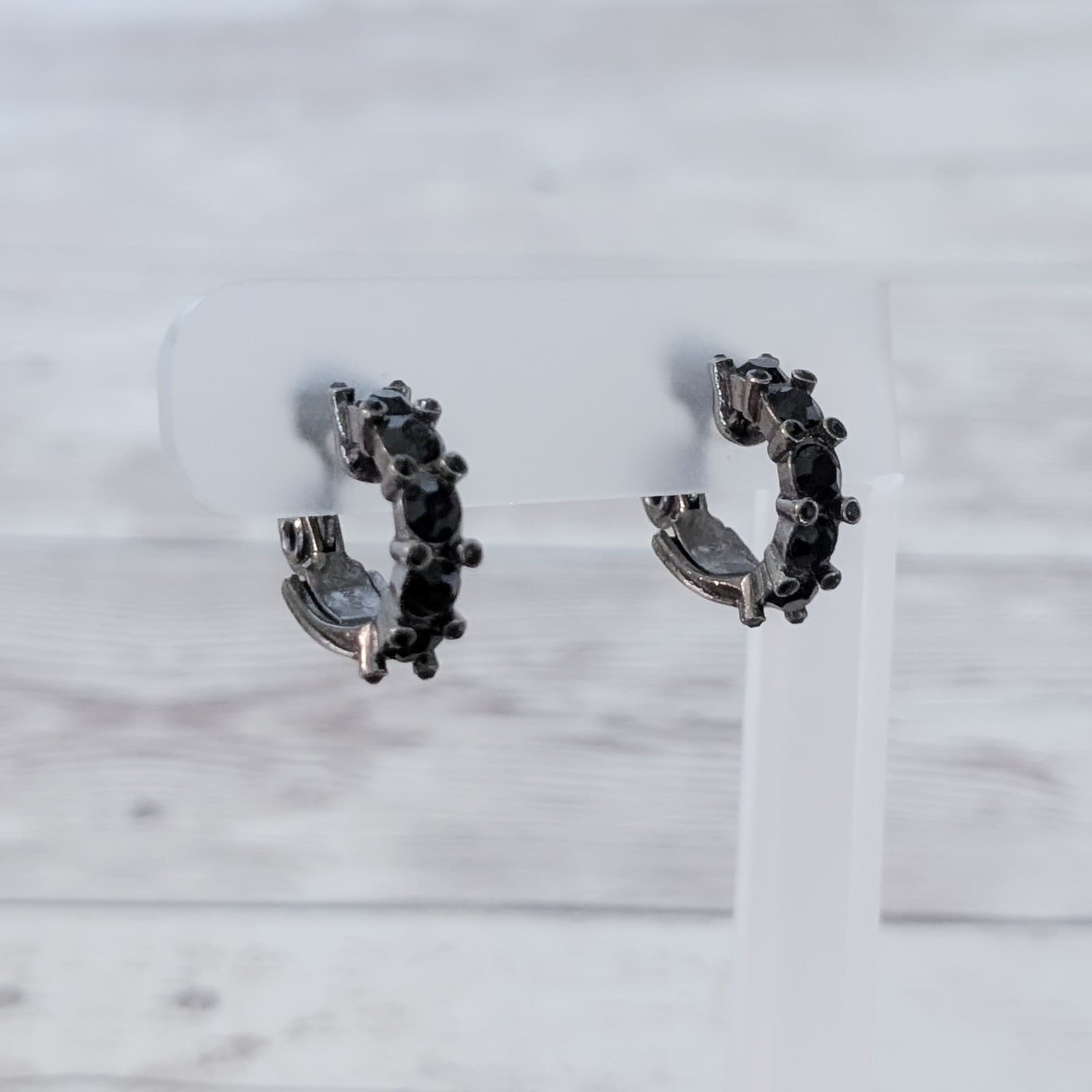 Vintage Clip On Earrings Black Gem Hoops 0.75"
