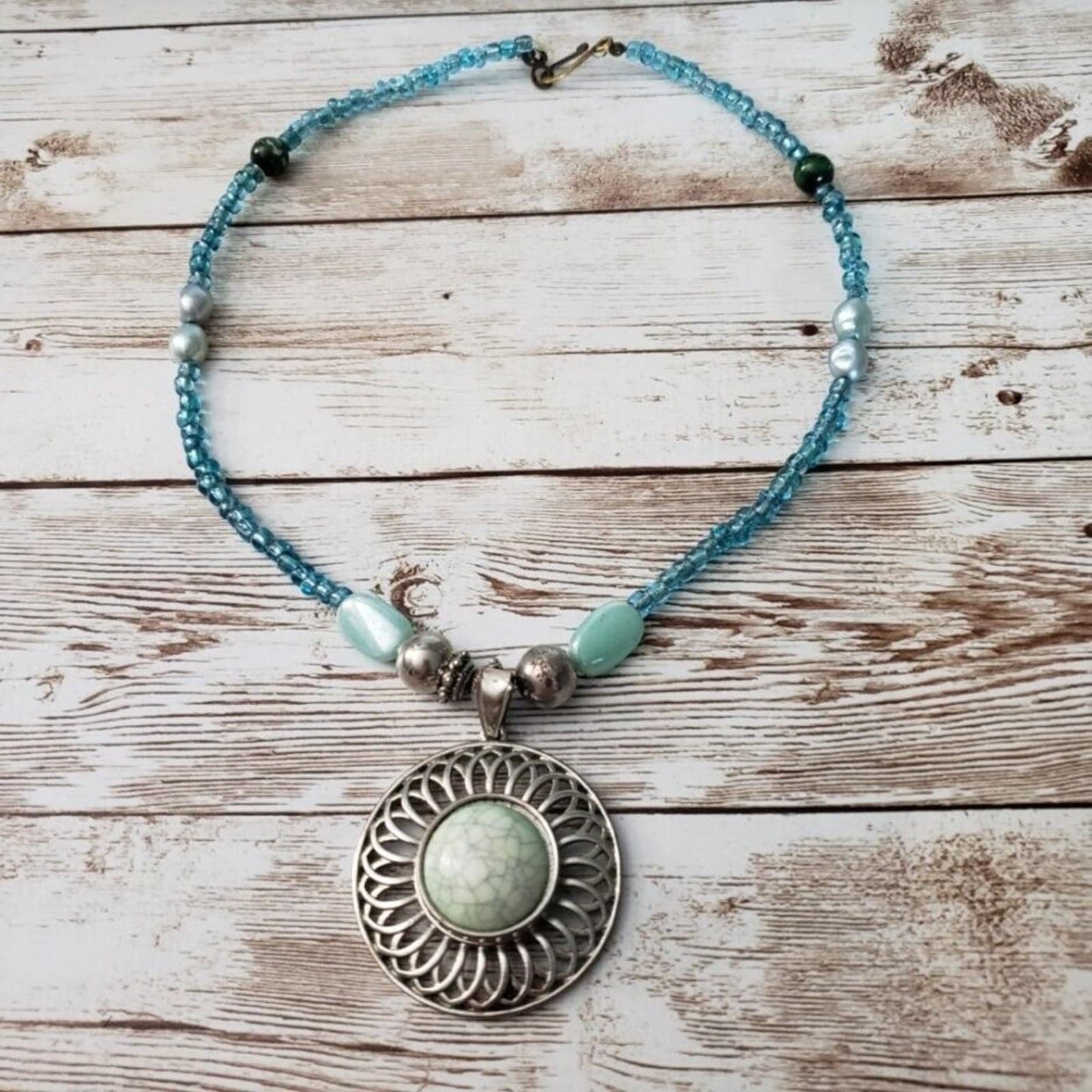 Vintage Necklace - Blue/Aqua/Turquoise Tone Beaded Necklace with Pendant