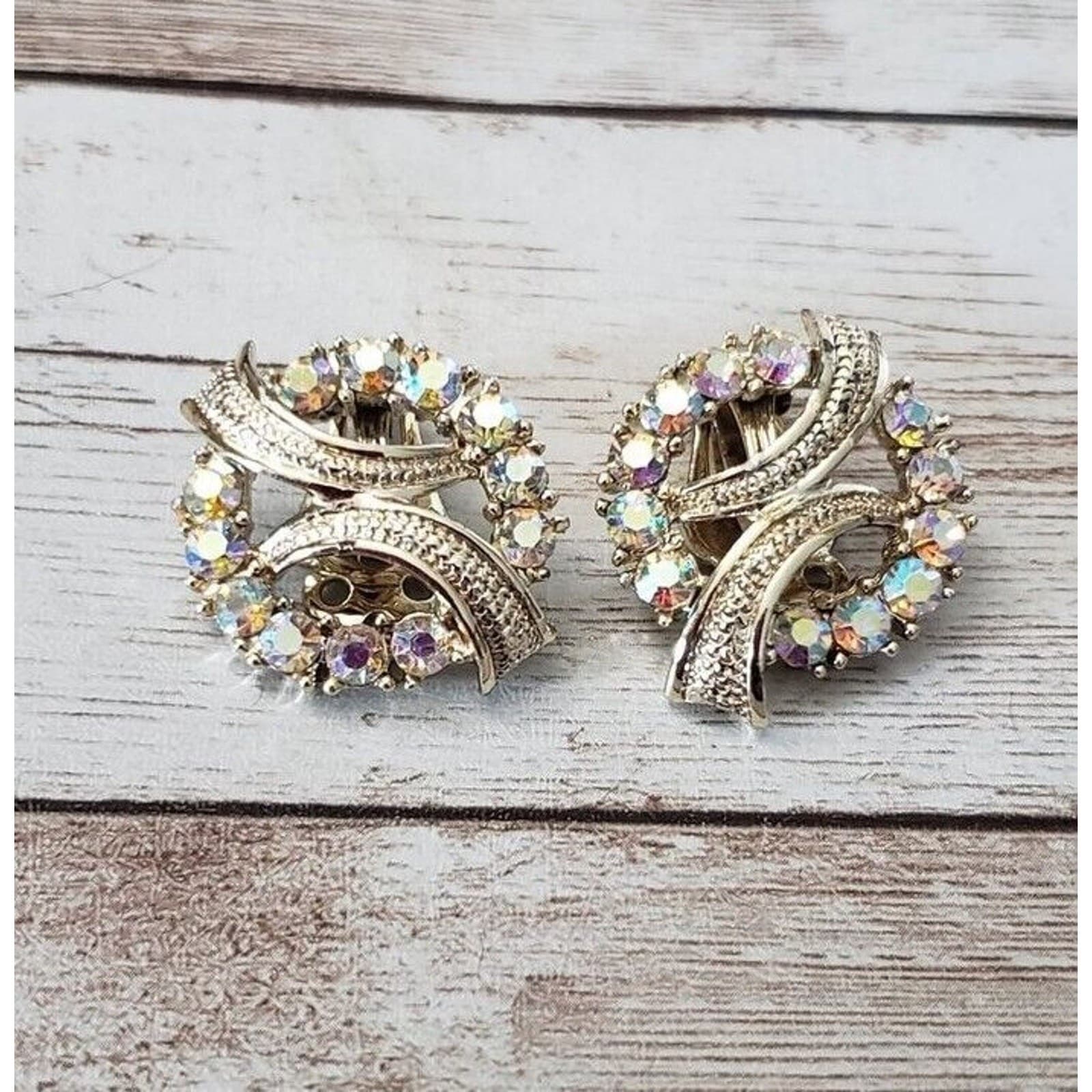 Vintage Clip On Earrings - Gold Tone & Iridescent Gems Stunning Statement