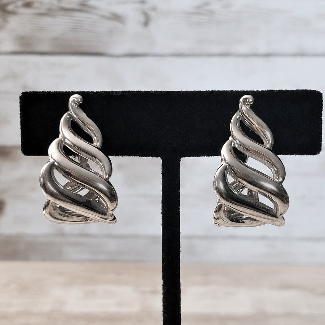 Vintage Napier Clip On Earrings 1 & 1/8" Silver Tone Elongated Hoops Statement