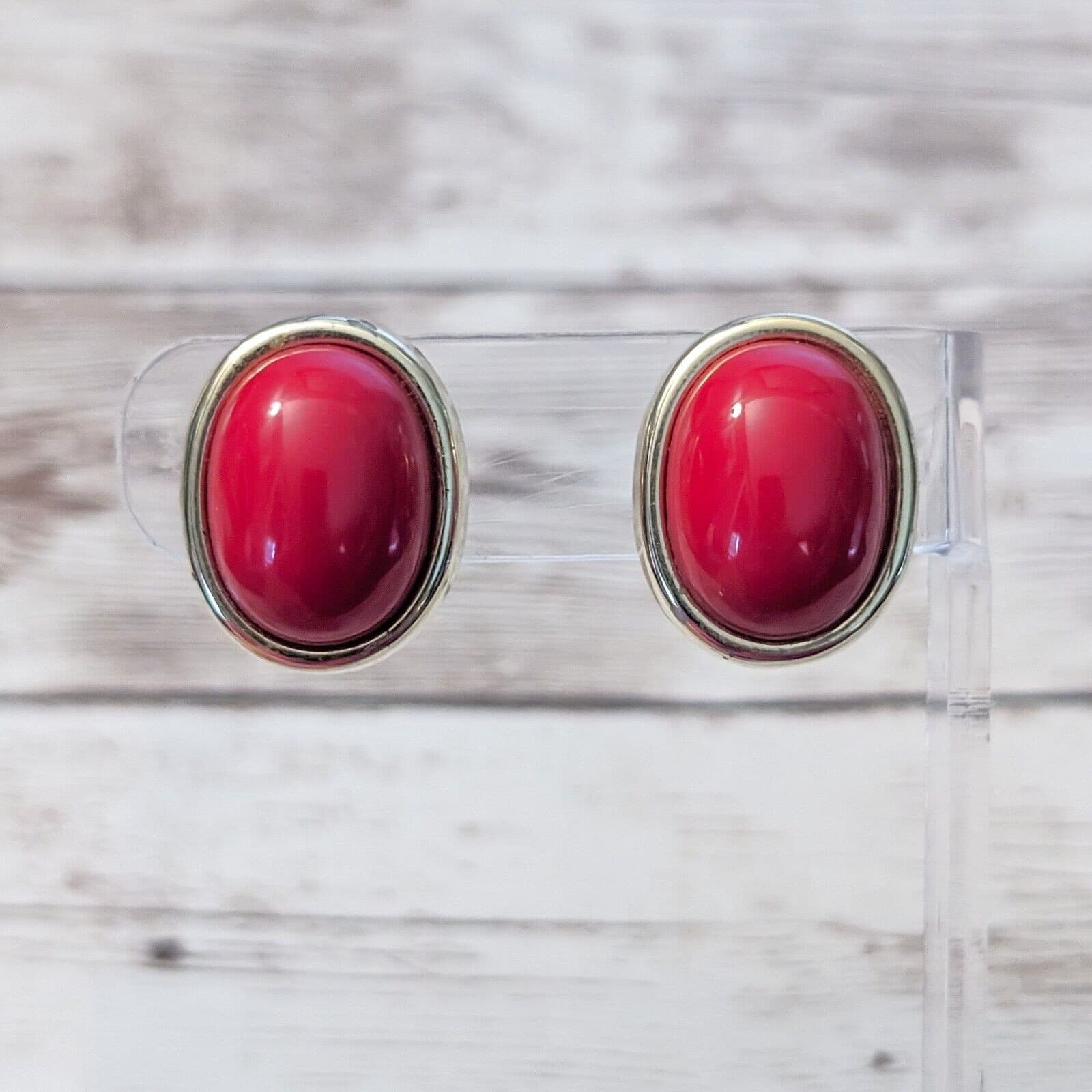 Vintage Clip On Earrings - Chunky Red Oval with Gold Tone Halo