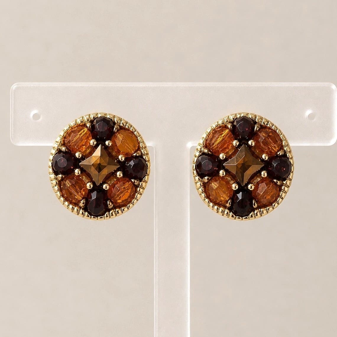 Vintage Clip On Earrings Pretty 7/8" Circle Fall Tones Statement Brown Orange