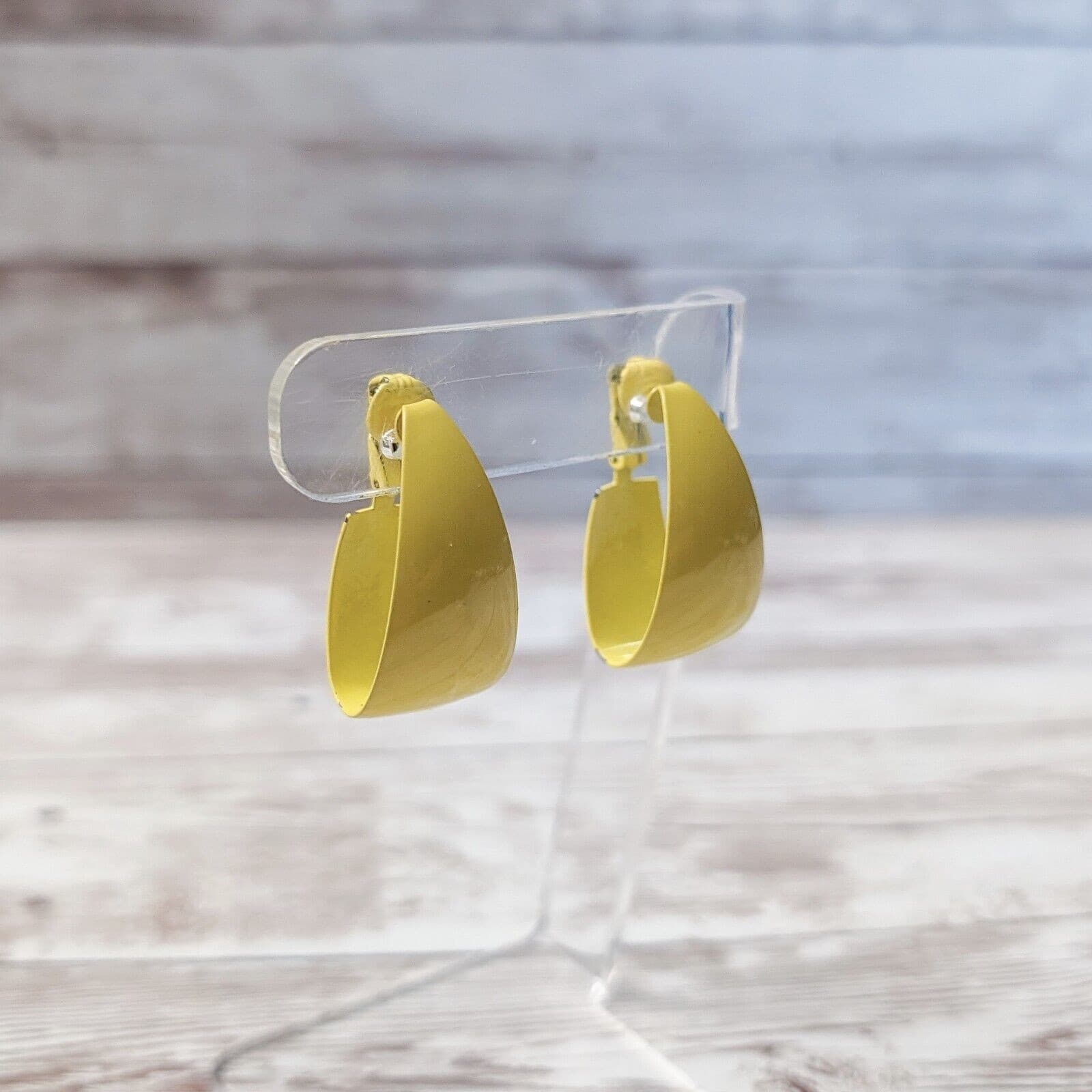 Vintage Clip On Earrings - Retro Yellow Elongated Hoops 1.25"
