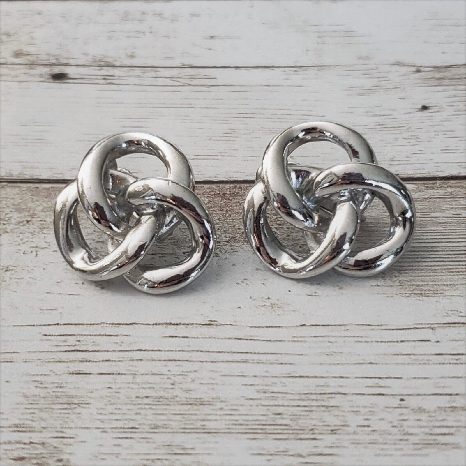 Vintage Clip On Earrings - Silver Tone Interlocking Trio with Screw To Tighten