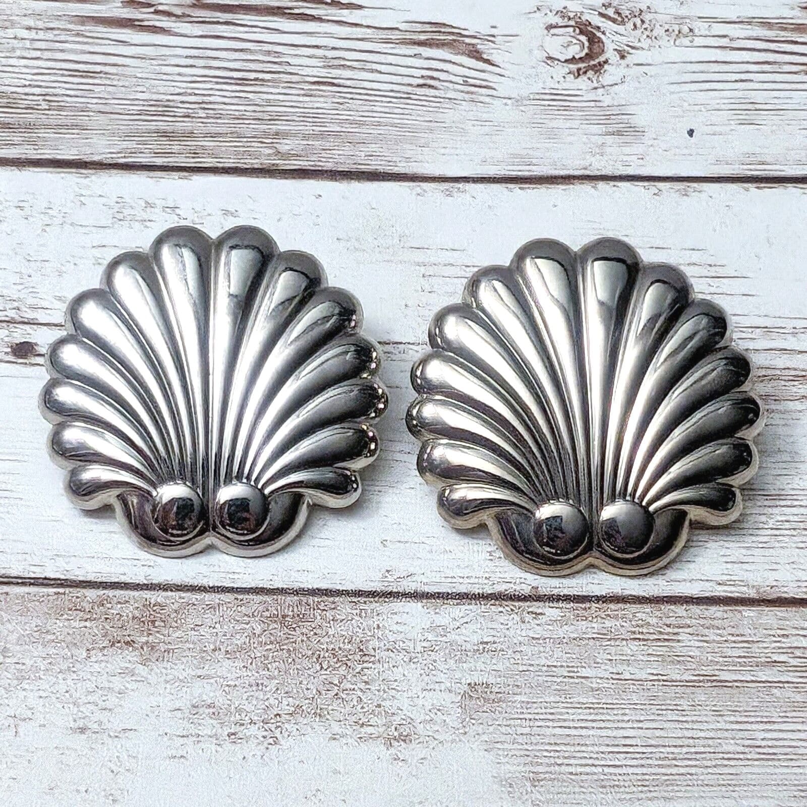 Vintage Clip On Earrings - Silver Tone Large Just Over 1.25" Tailored Scallops