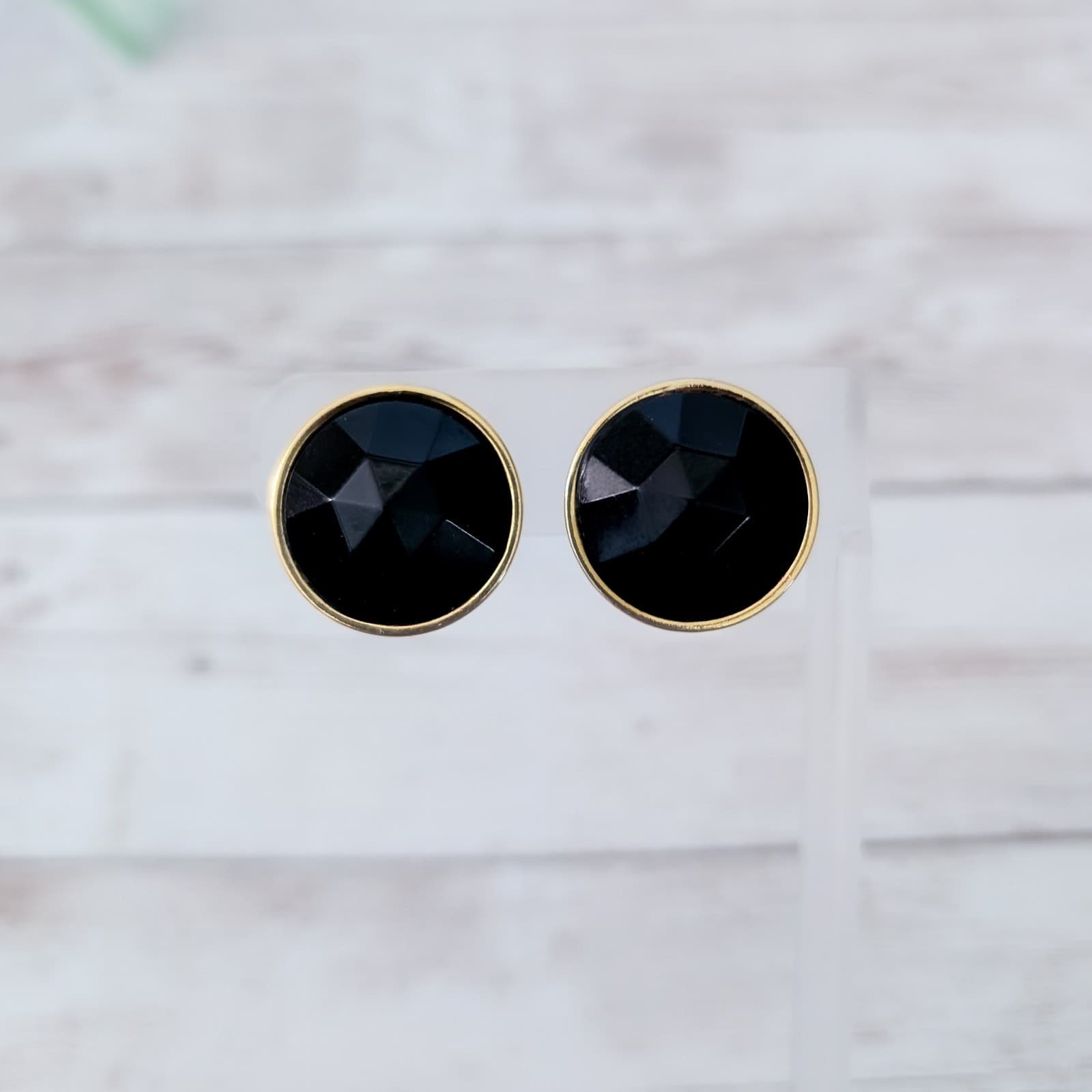 Vintage Clip On Earrings Faceted Black Gem with Gold Tone Halo Just Under 1"
