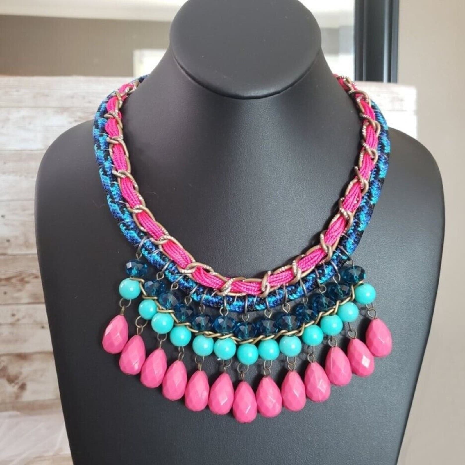 Vintage Necklace Blue, Pink, Turquoise Tone Statement Necklace