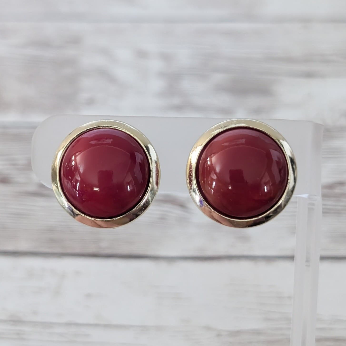 Vintage Clip On Earrings Domed Red with Gold Tone Halo Statement