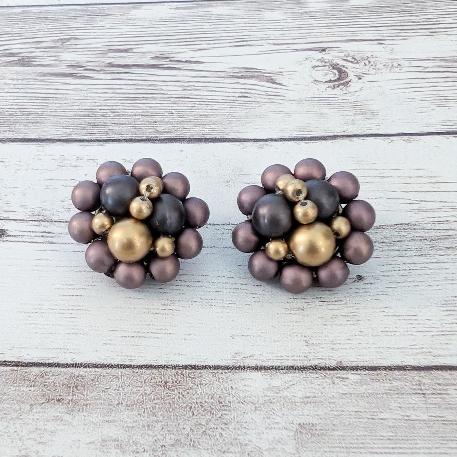 Vintage Clip On Earrings Statement Brown & Muted Gold Tone Cluster