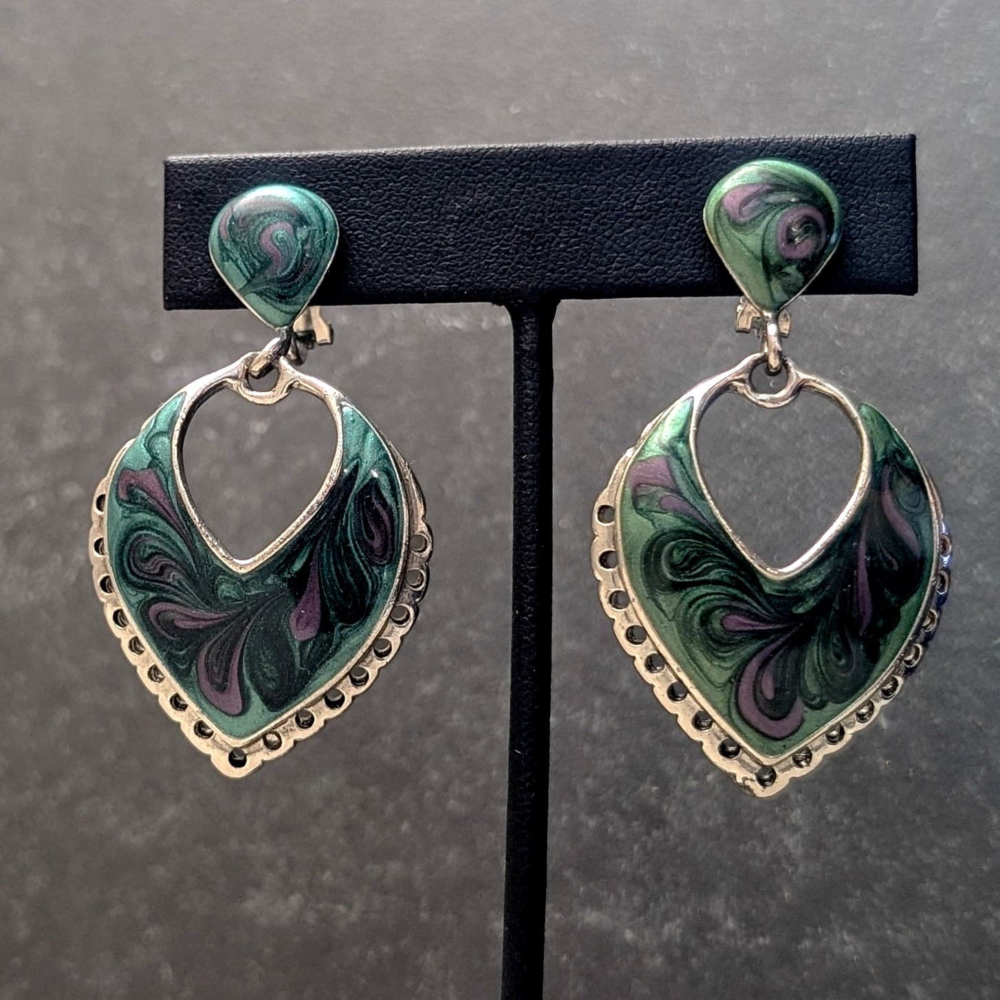 Vintage Clip On Earrings Large Statement Dangle Dark Green/Teal & Mauve Enamel
