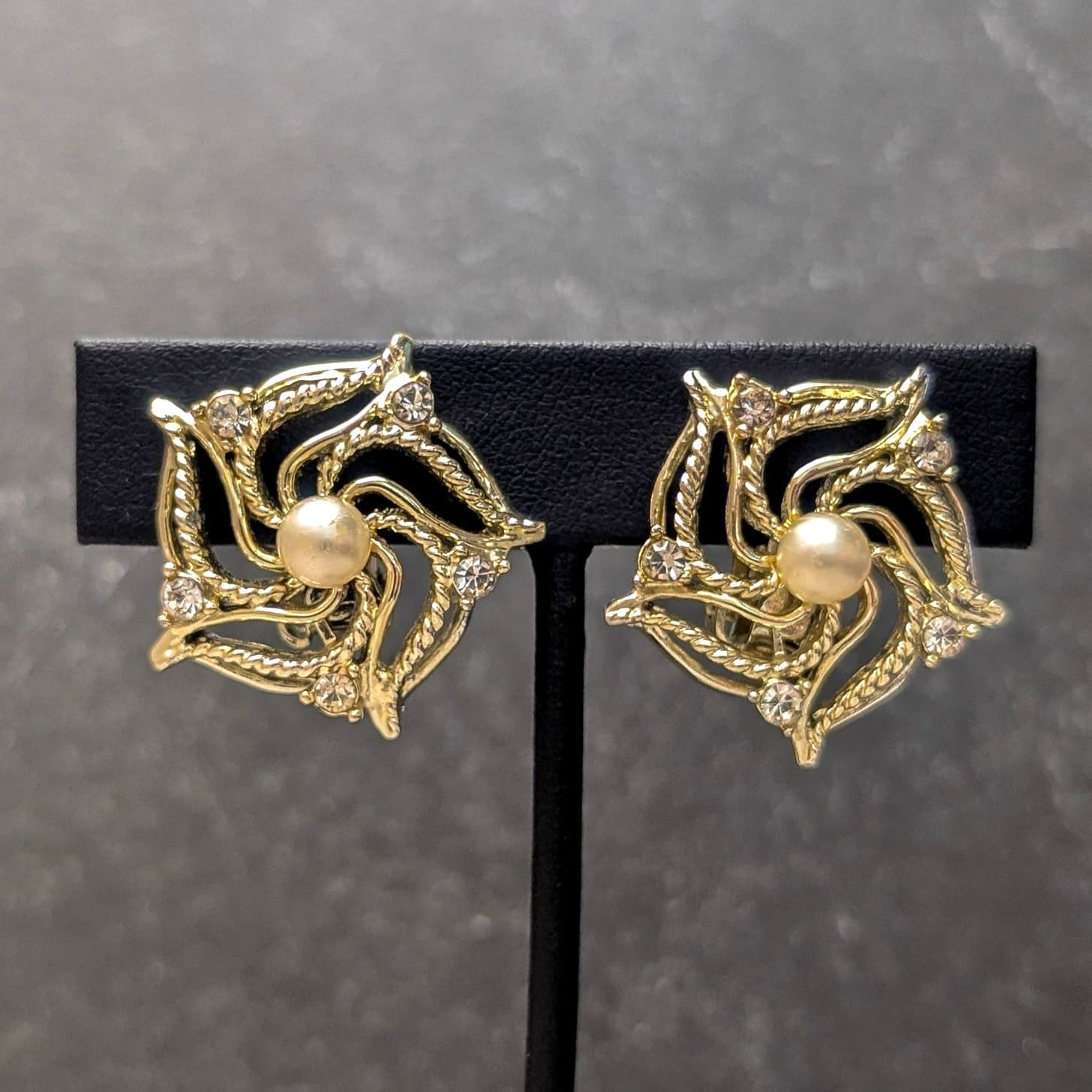Vintage Clip On Earrings Large Glam Light Gold Tone, Faux Pearl, Clear Gems