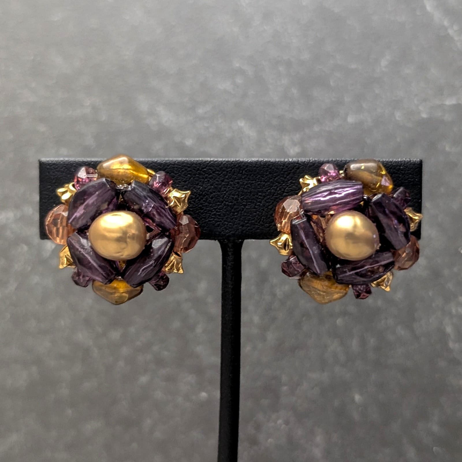 Vintage Liz Claiborne Clip On Earrings Bronze, Dark Purple, Dark Amber Tone