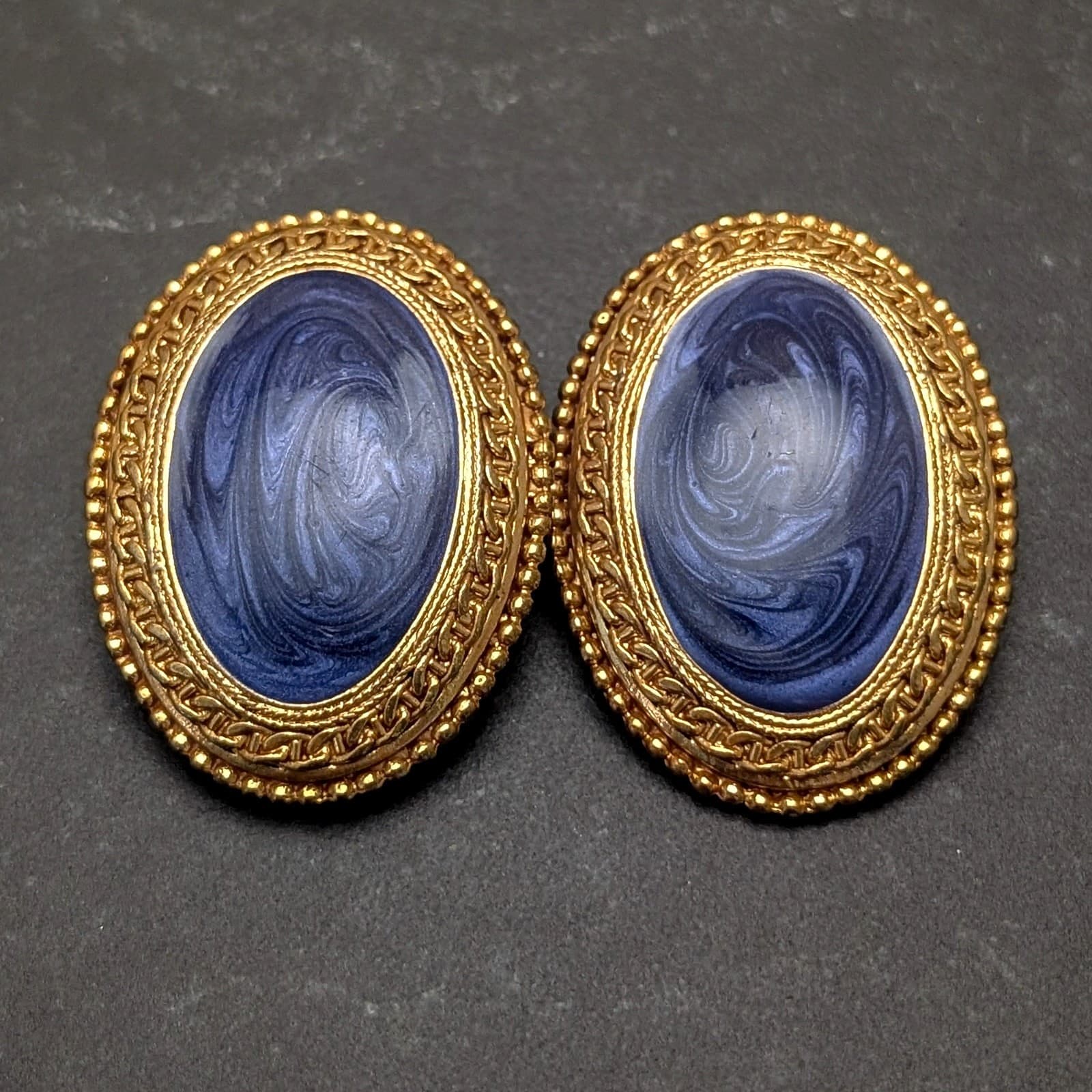 Vintage Clip On Earrings Extra Large 1.75" Oval Gold Tone & Dark Blue Enamel