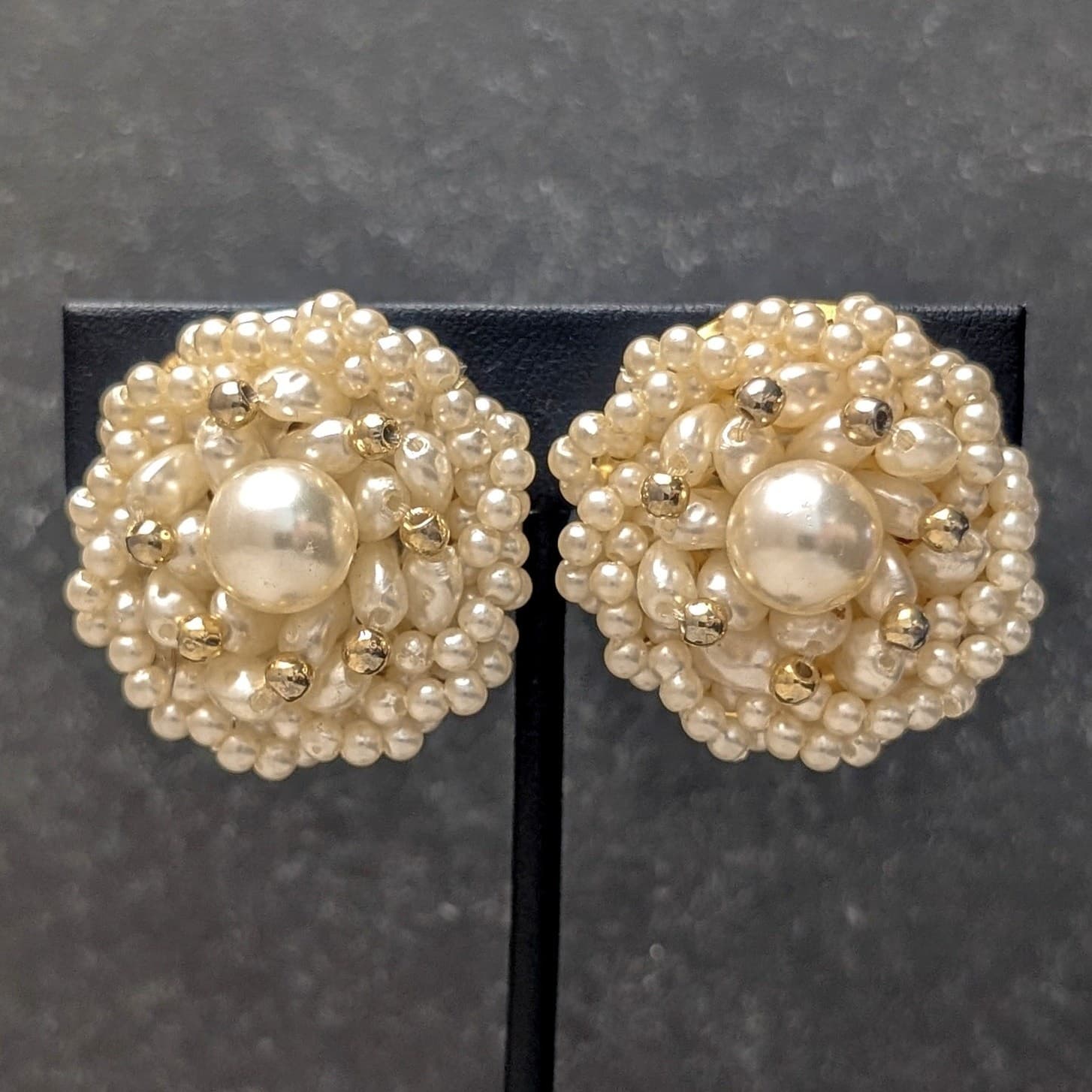 Vintage Clip On Earrings Large & Chunky But Light Faux Pearl and Gold Tone