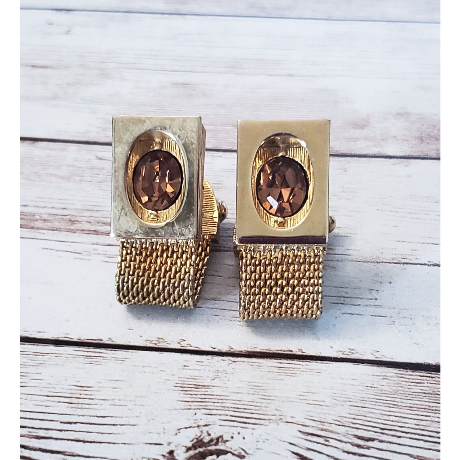 Vintage Cufflinks - Gold Tone & Amber Tone Gem