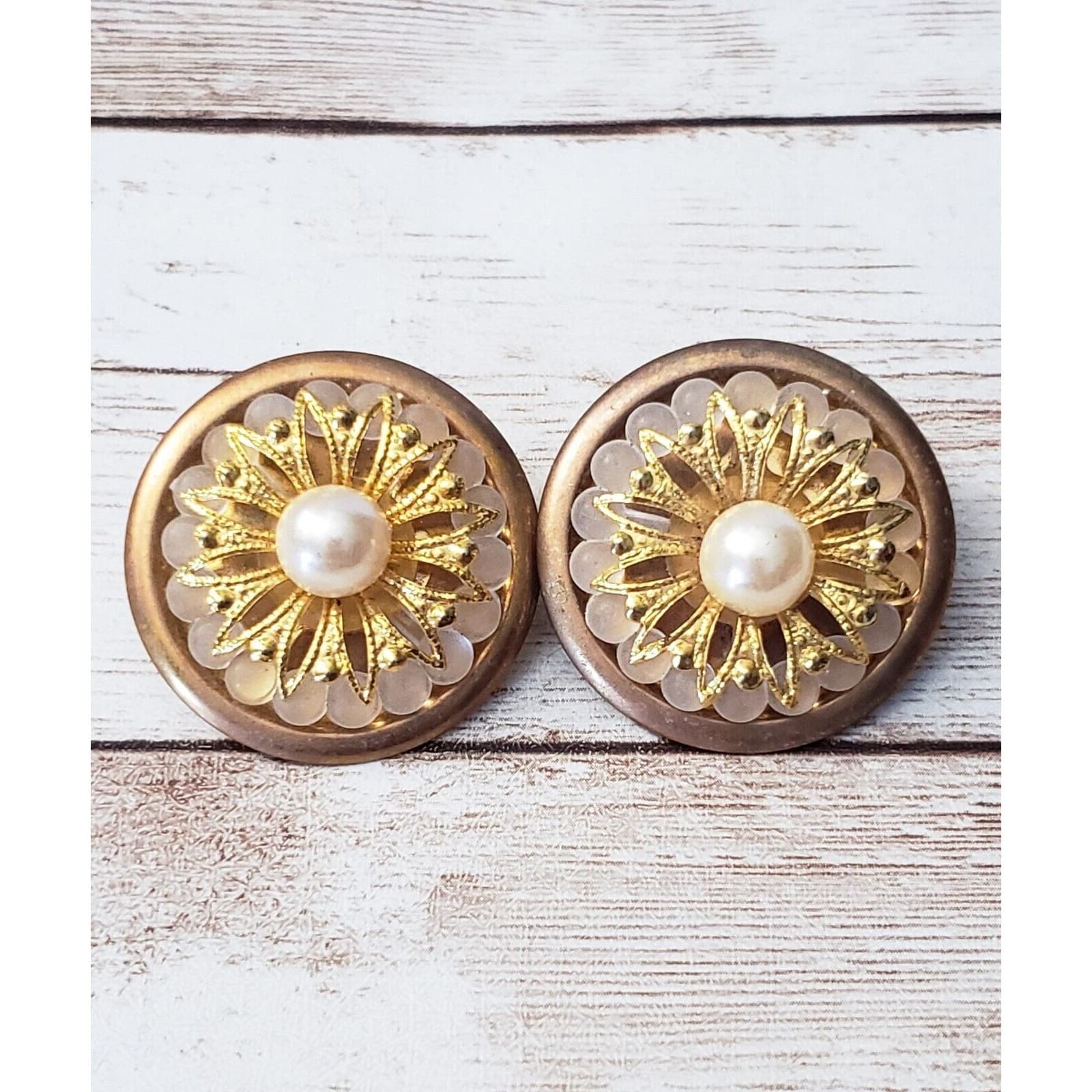 Vintage Clip On Earrings - Faux Pearl & Ornate Gold Tone