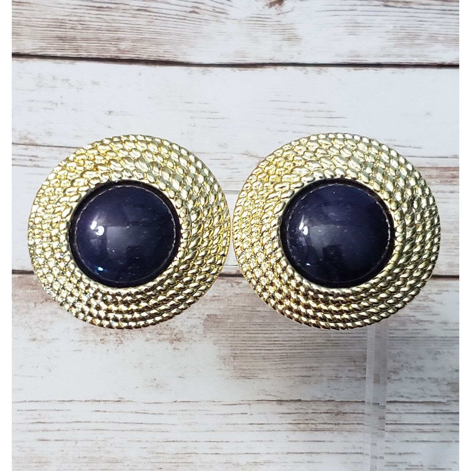 Vintage Clip On Earrings Gold Tone Halo with Blue Speckled Center Large 1 & 5/8"