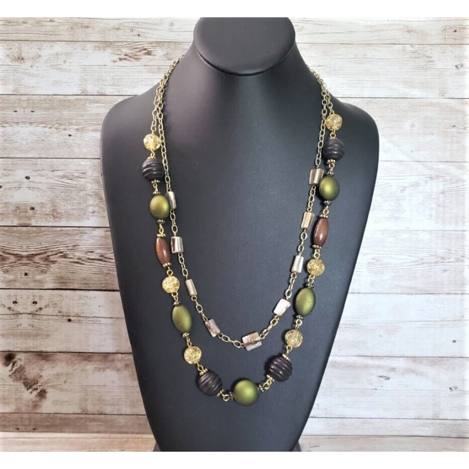 Vintage Necklace - Double Strand Green & Earth Tones Long Statement Necklace