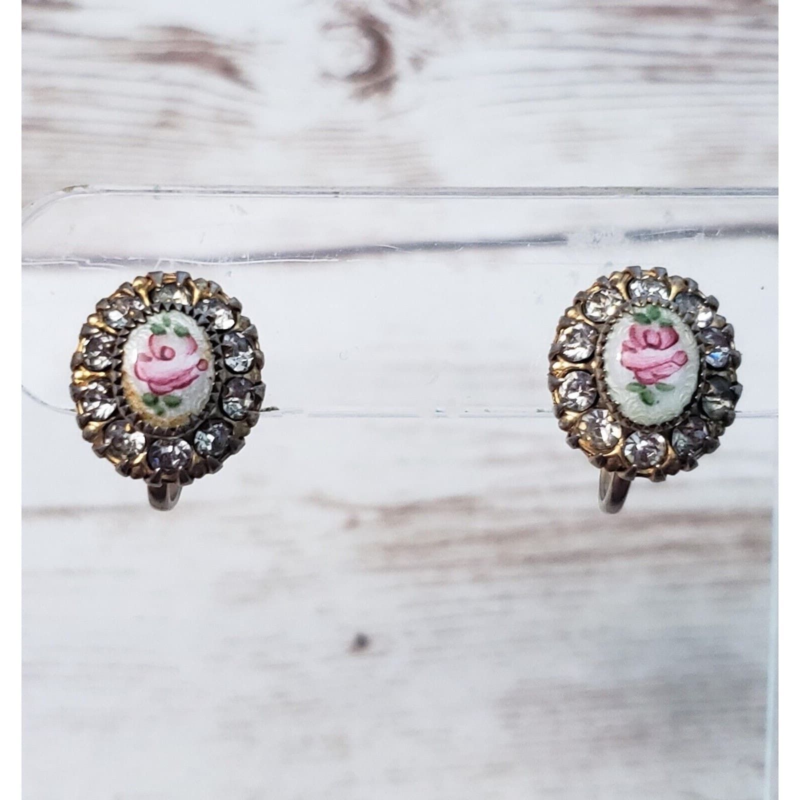 Vintage Screw On Earrings - Oval Shape Flower Design with Clear Gem Halo