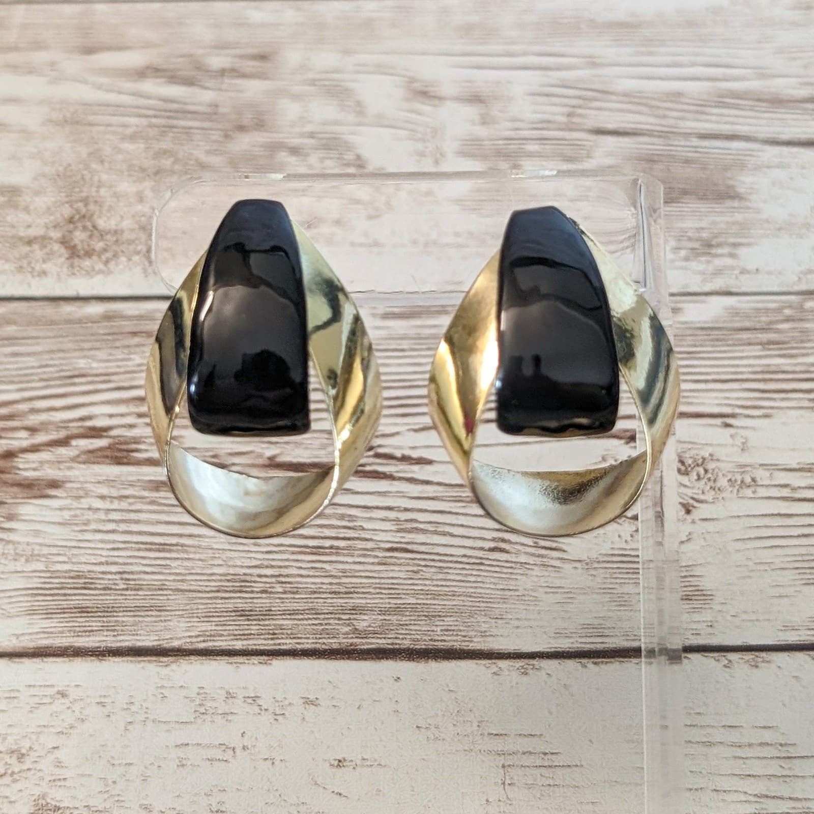 Vintage Clip On Earrings - 3D Large Statement Gold Tone & Black