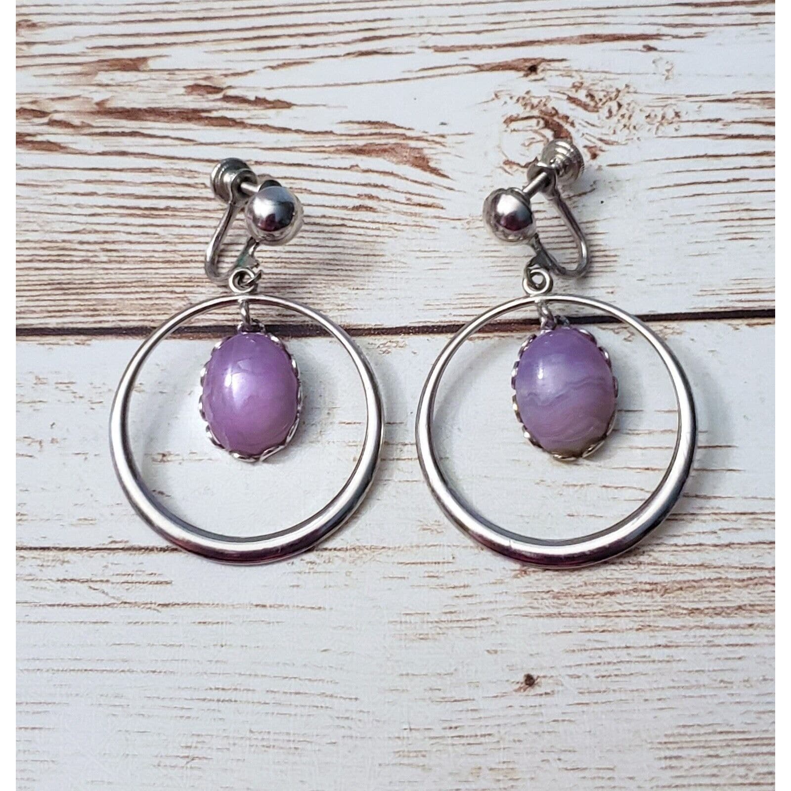 Vintage Screw On Earrings - Silver Tone Circle with Purple Gem Dangle