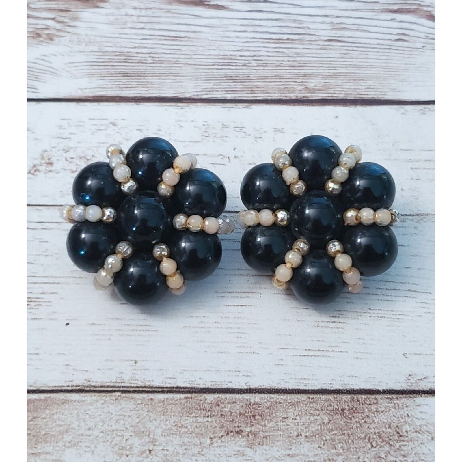 Vintage Clip On Earrings - Large Black Statement Earrings with Detail