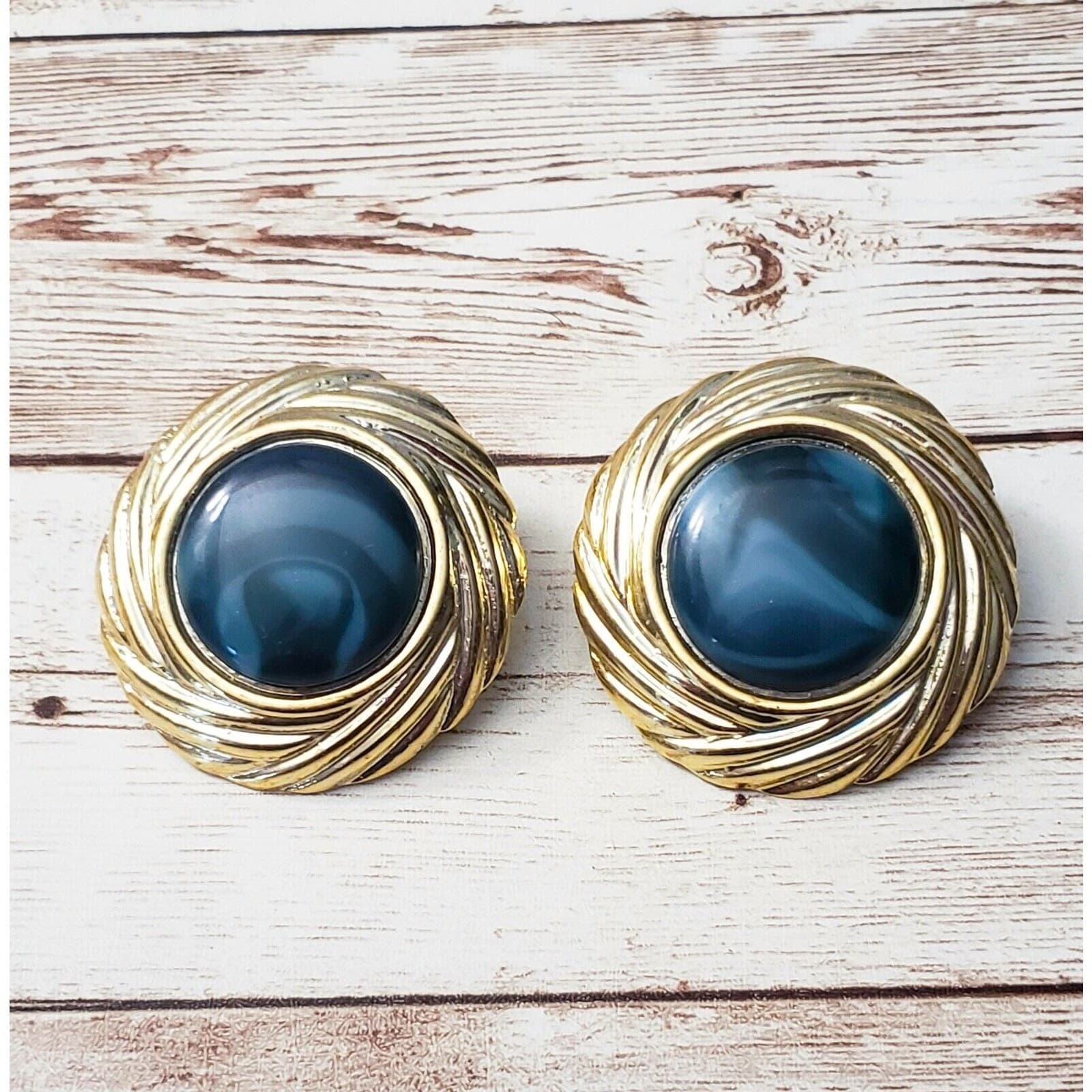 Vintage Clip On Earrings - Dark Blue with Swirly Halo Large Statement Earrings