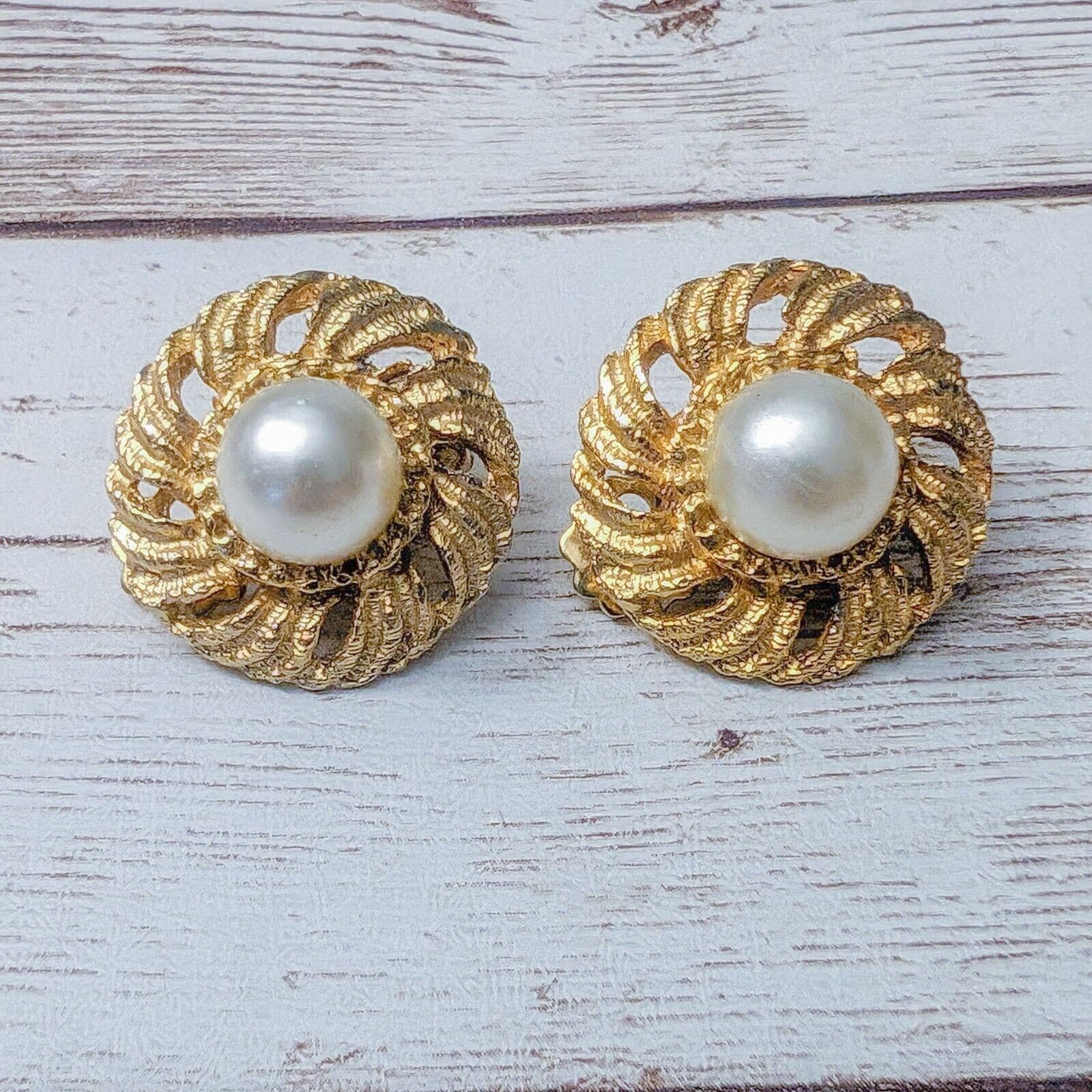 Vintage Clip On Earrings - Faux Pearl with Statement Gold Tone Halo 7/8"