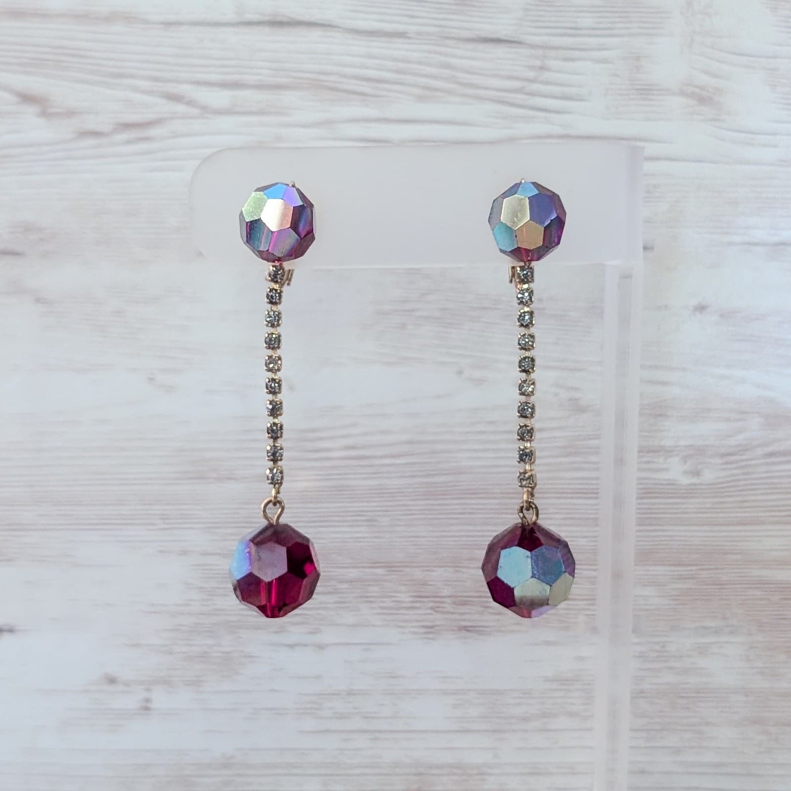 Vintage Clip On Earrings Iridescent Red Ball Dangle Extra Long 2.25" Statement
