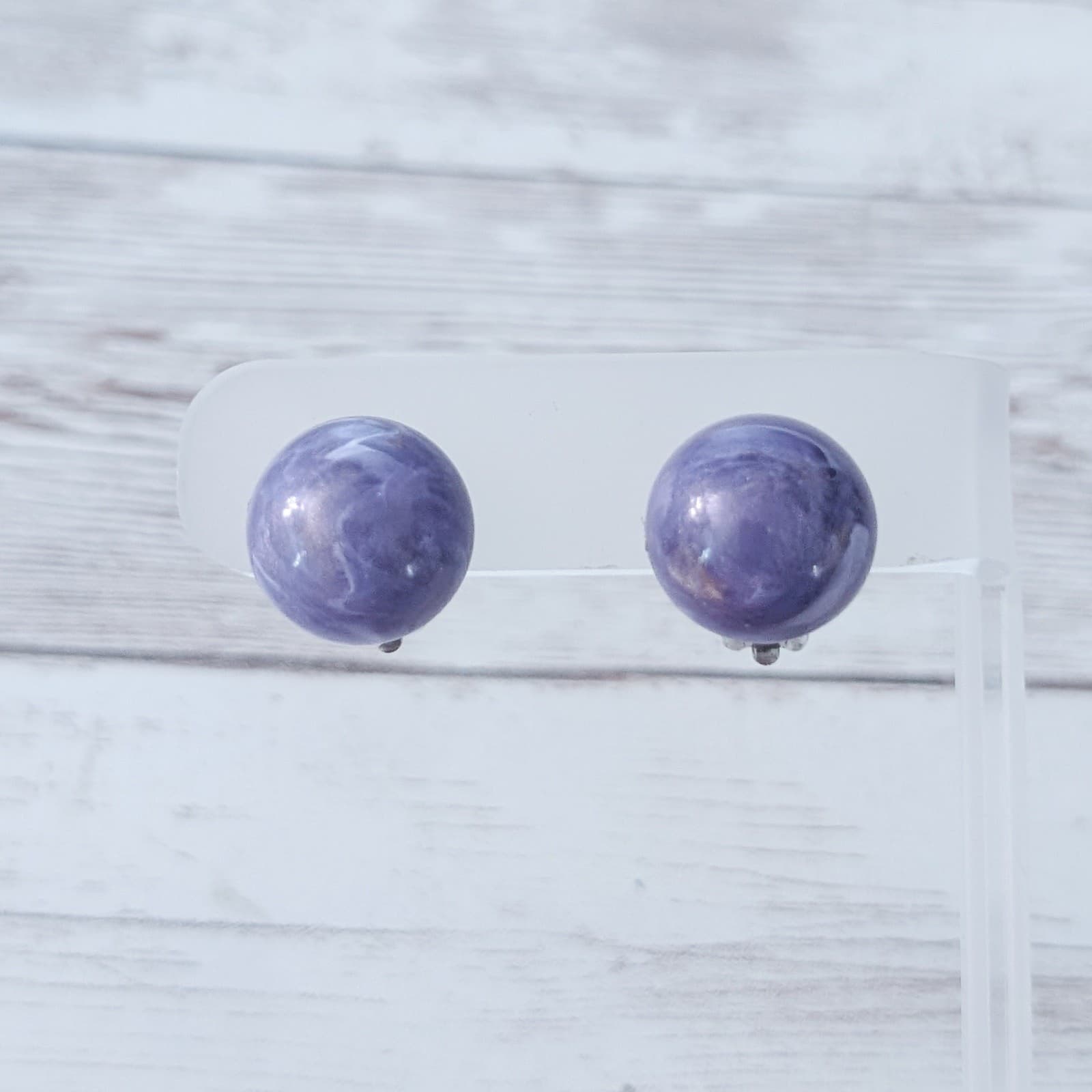 Vintage Clip On Earrings Muted Purple Marbled Design 5/8" Domed